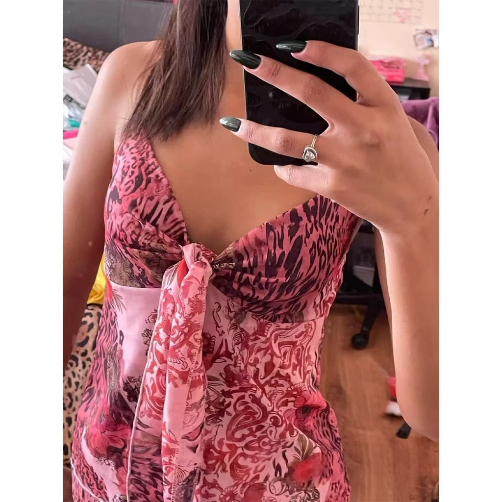 Emo Coquette Cropped Top Grunge 2000s Spaghetti Strap Tops Streetwear Vintage Camisole Y2k Cheetah Tops