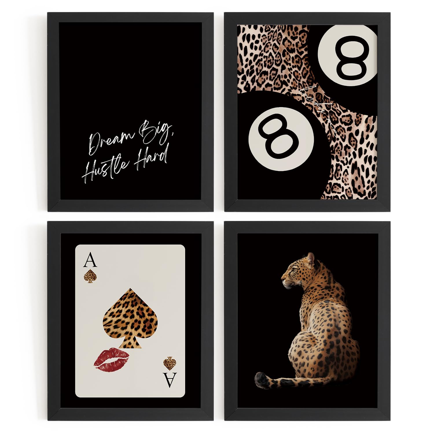 Trendy Leopard Wall Art Prints Set of 4 Funky Lucky 8 Ball Posters Prints Preppy Room Aesthetic Cheetah Wall Decor for Girls Room Dorm Apartment 8x10 Unframed
