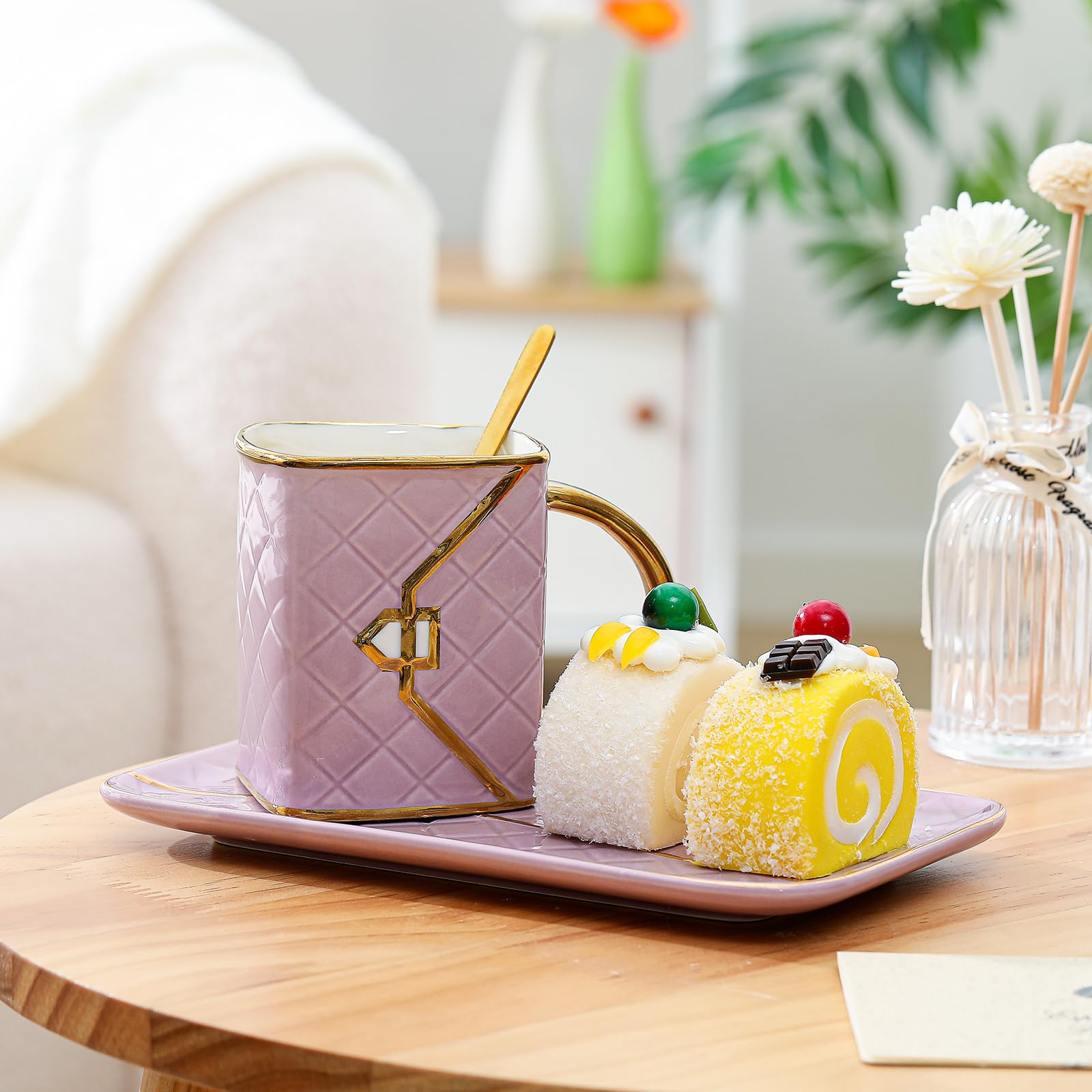 Set Coffee Mug Elegant Handbag Shaped Cup Modern Ceramic Purse Mug with Spoon and Saucer, 10oz Cute Creative Tea Cup