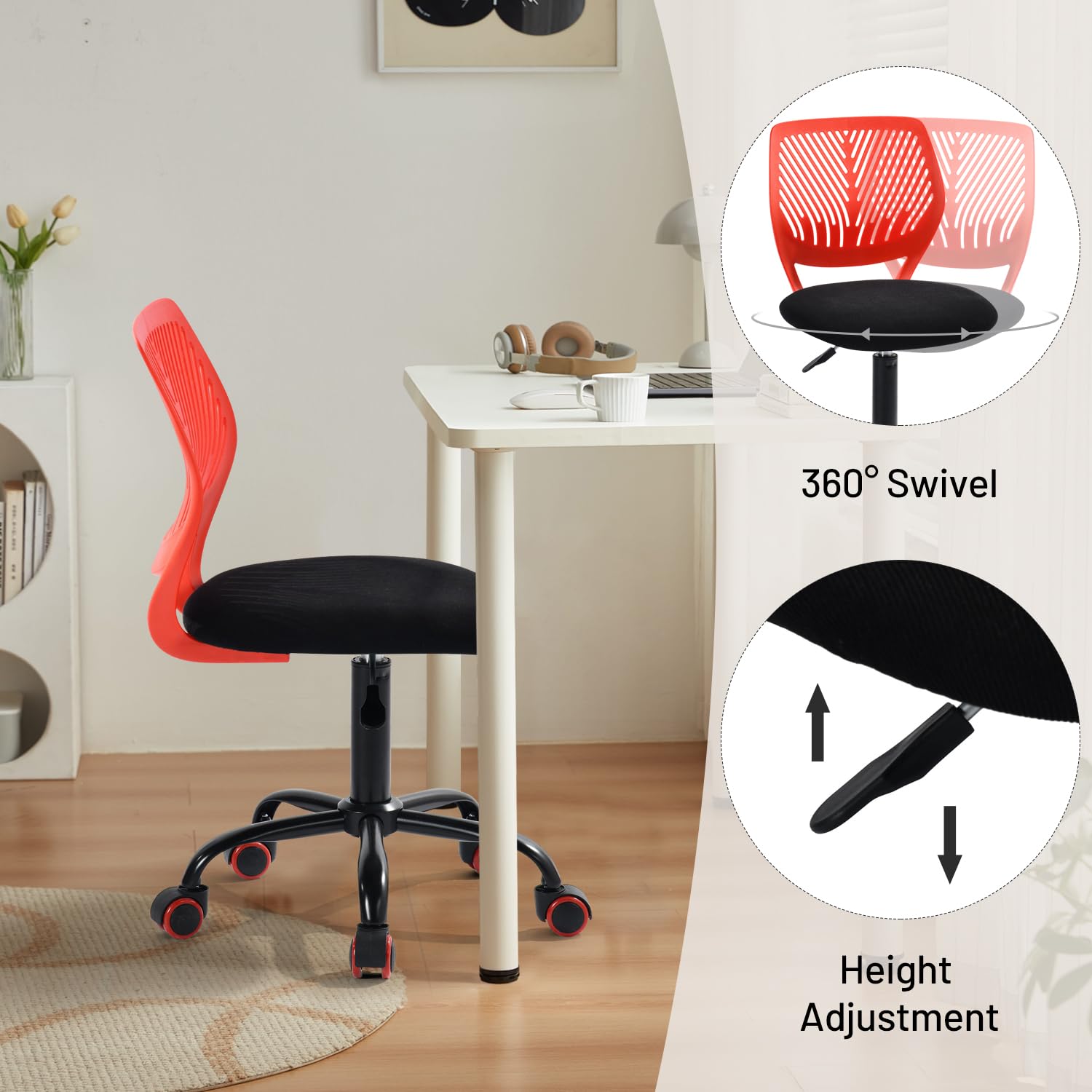 Study Desk Chair Armless Cute, Ergonomic Small Swivel Adjustable Rolling Lightweight Task Chair with Wheels and Mesh Padded Cushion