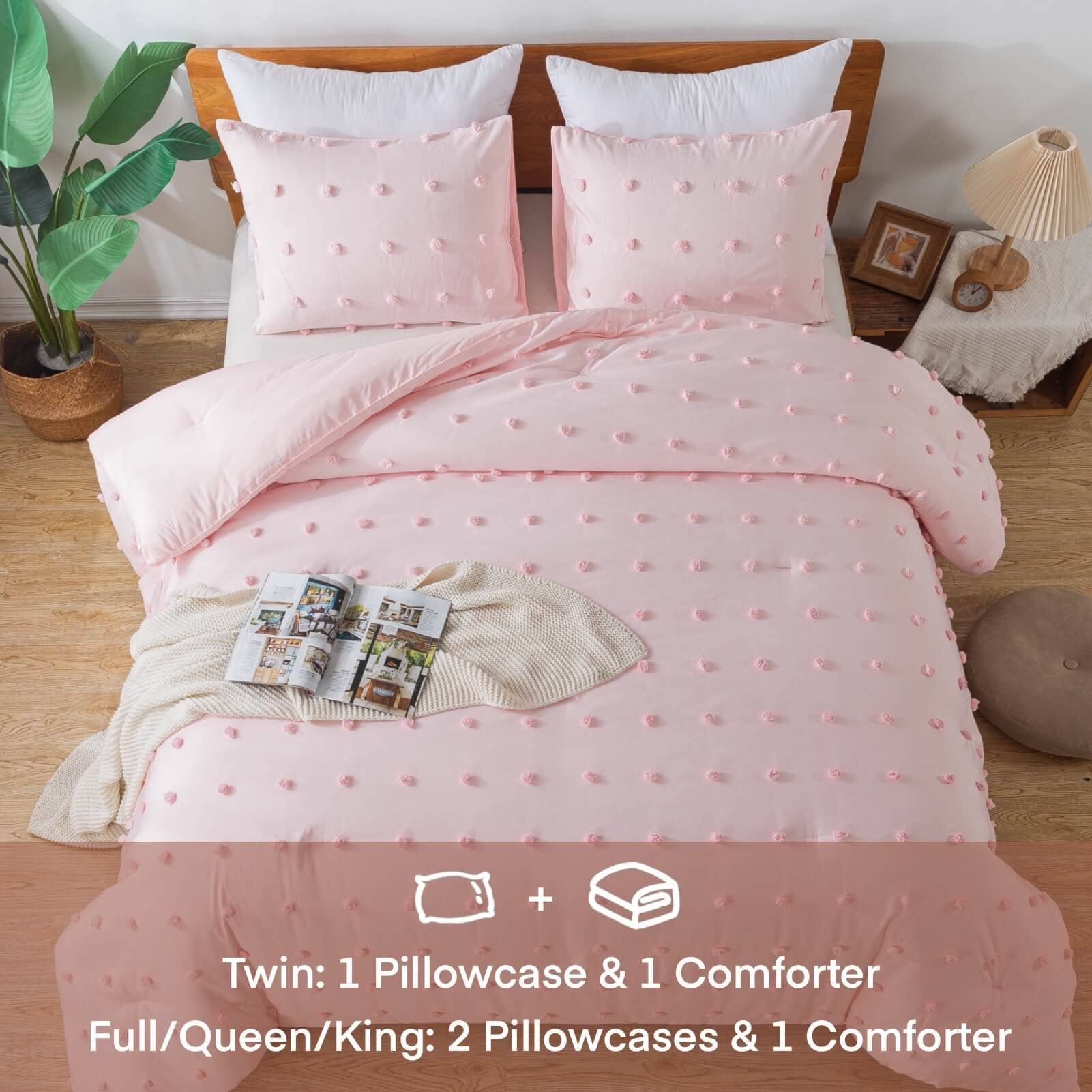 Comforter Set, 2 Pieces- Soft Cotton Lightweight Comforter with 1 Pillowcase, Chenille Dots All Season Down Alternative Comforter Set for Bedding