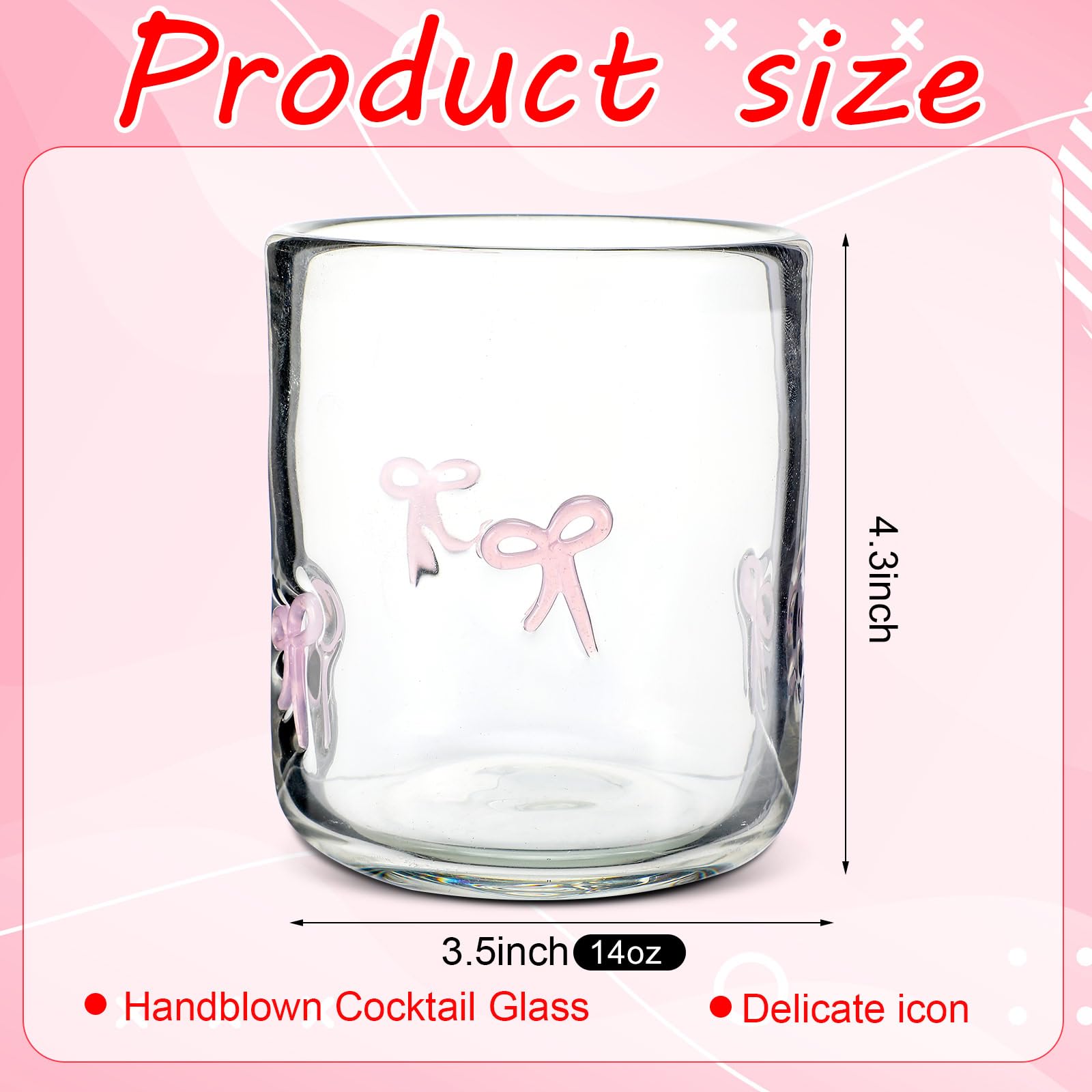 Skylety 2 Pack Bow Icon Juice Glass Coquette Bow Aesthetic Cup 14 ounce Double Old Fashioned Icon Handblown Cocktail glasses for Women Friend Party(Pink)