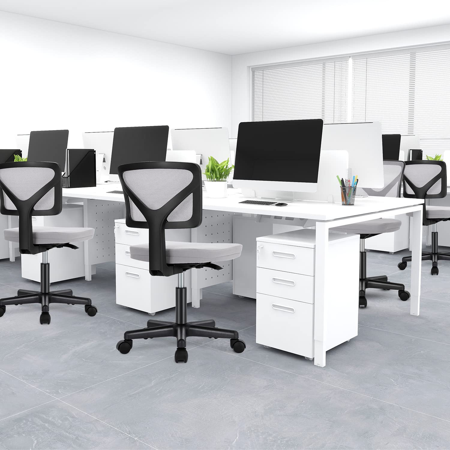 Vanity Swivel Armless Desk Chairs with Wheels, Ergonomic Adjustable Home Office Rolling Task Chair, Comfy Mesh Mid Back