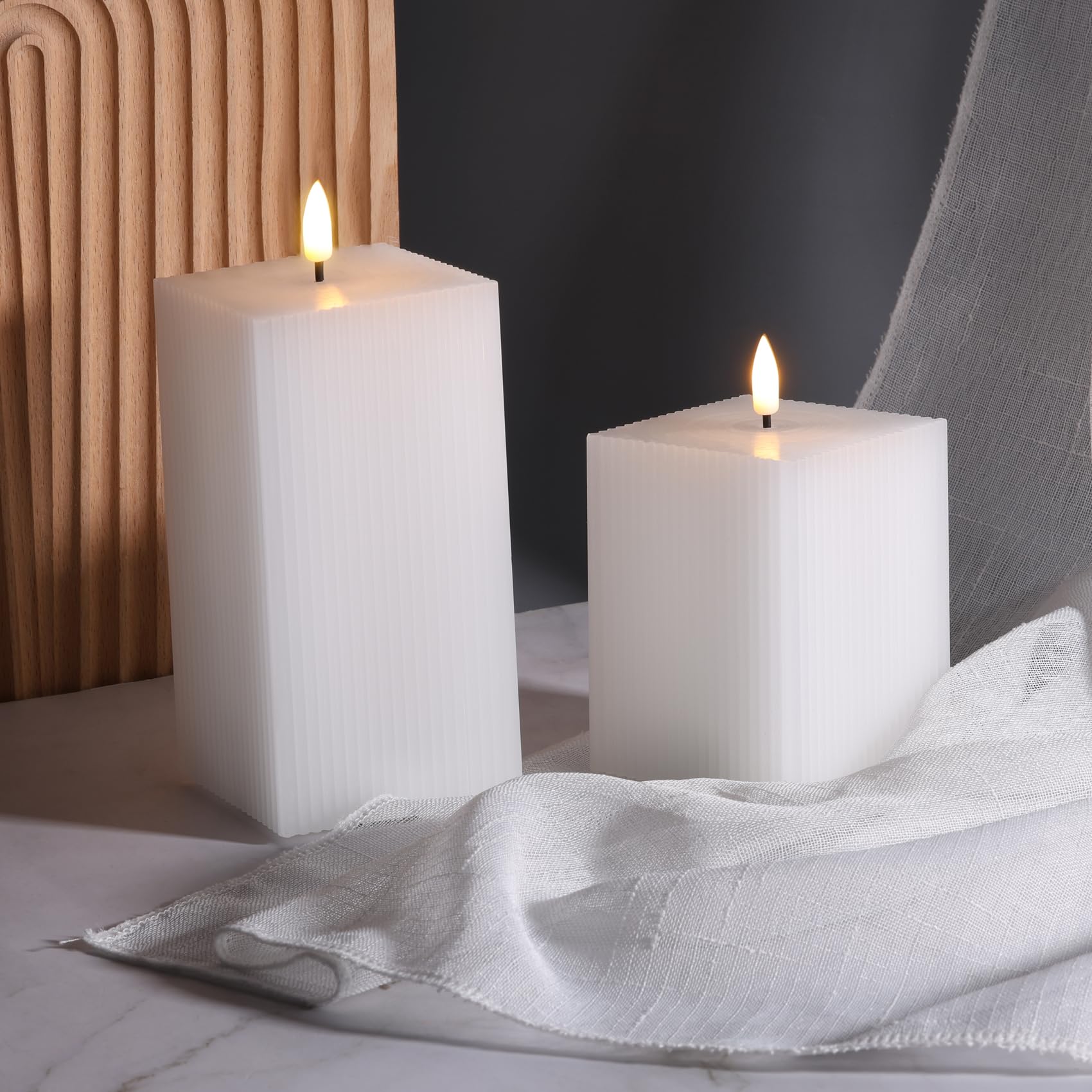 Square Ribbed Flameless Candles with Remote, Flickering Real Wax Battery LED Candles 3" H 4" 6"