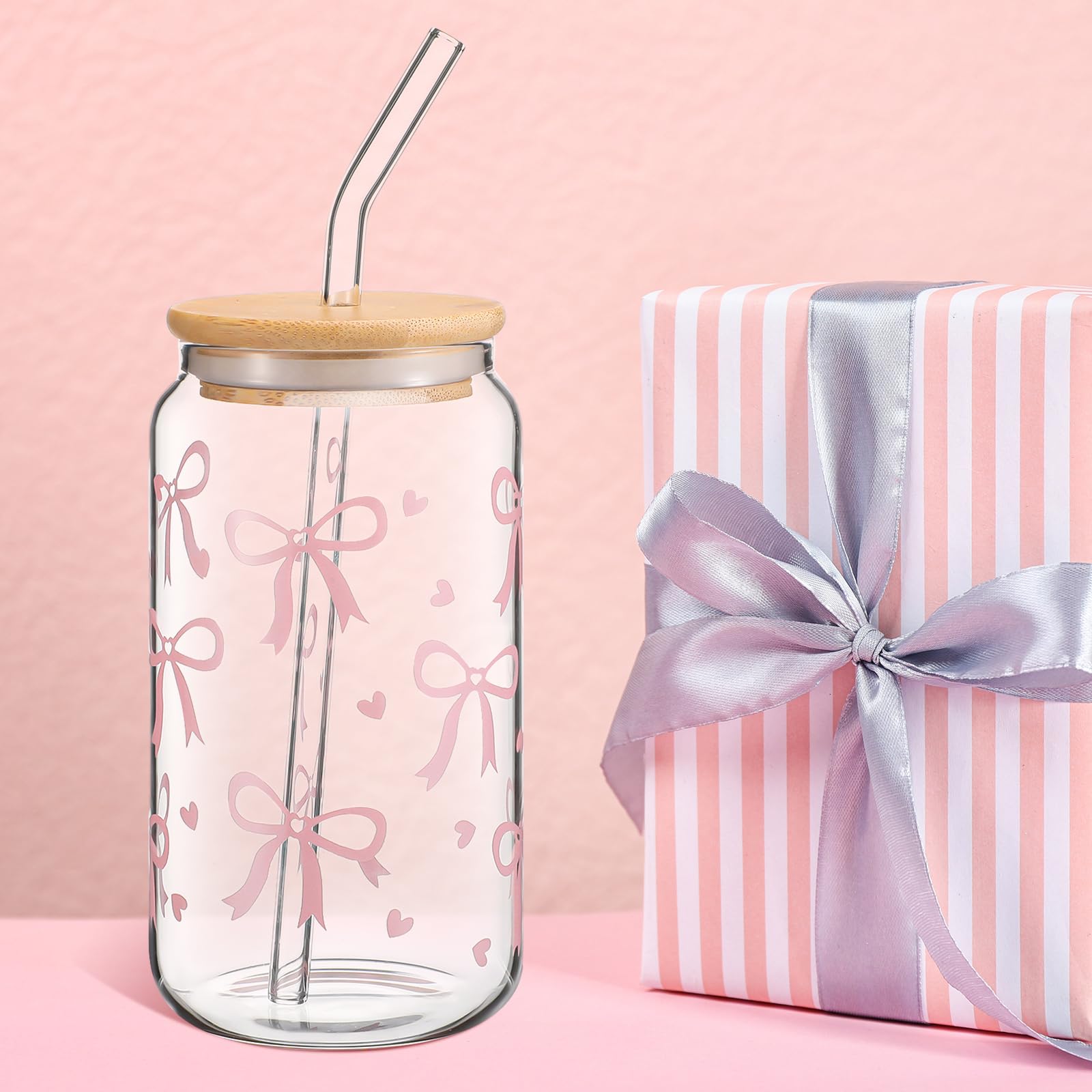 Vintage Coquette Bow Aesthetic Cup, 16 oz Dainty Pink Glass Cup with Lid and Straw