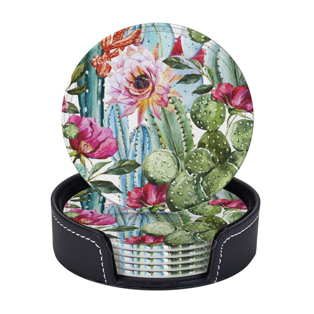 Coasters for Drinks Round Leather Coaster with Holder Set of 6 for Tabletop Protection