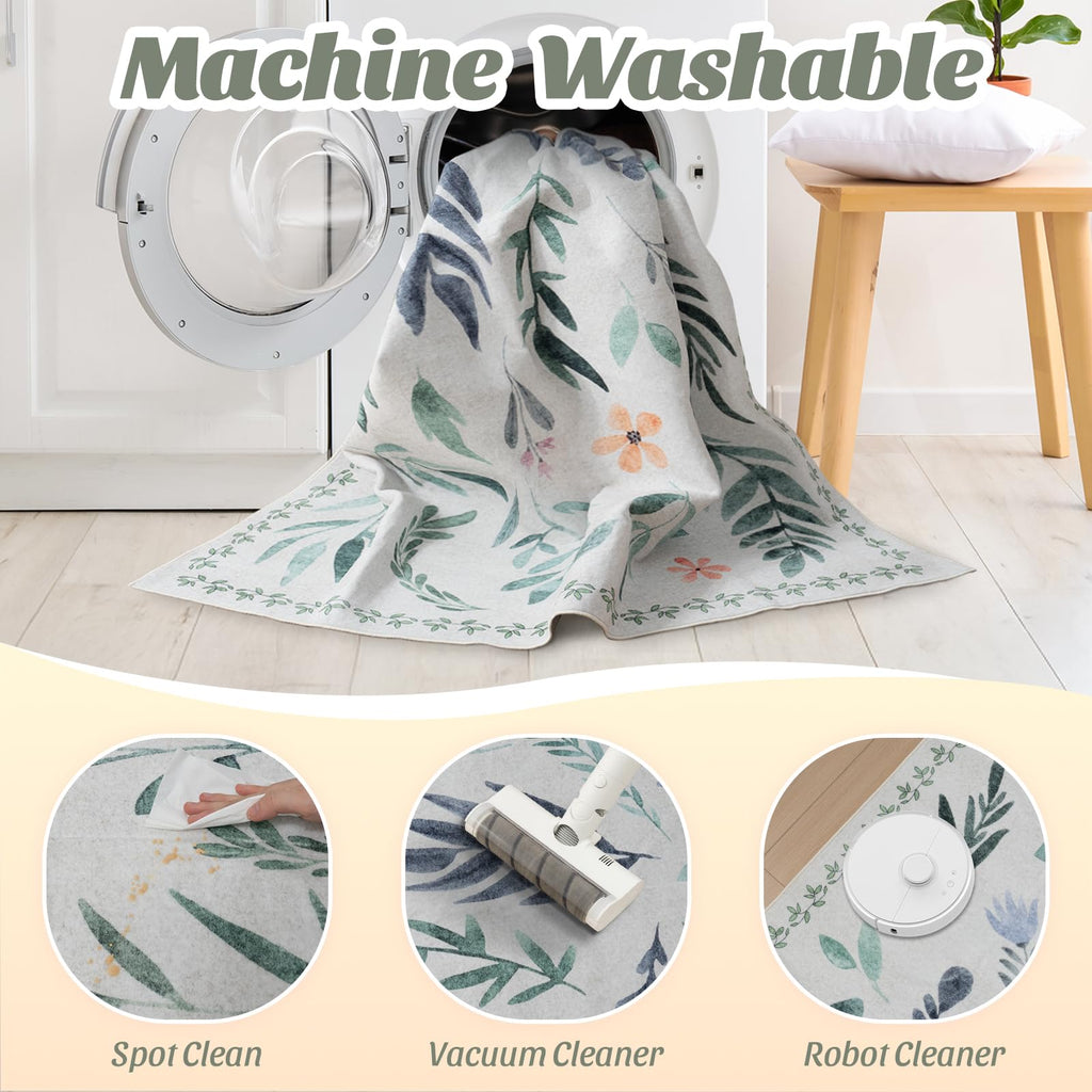 Washable Floral Rugs with Non Slip Backing, Stain Resistant, Floral Soft Low-Pile