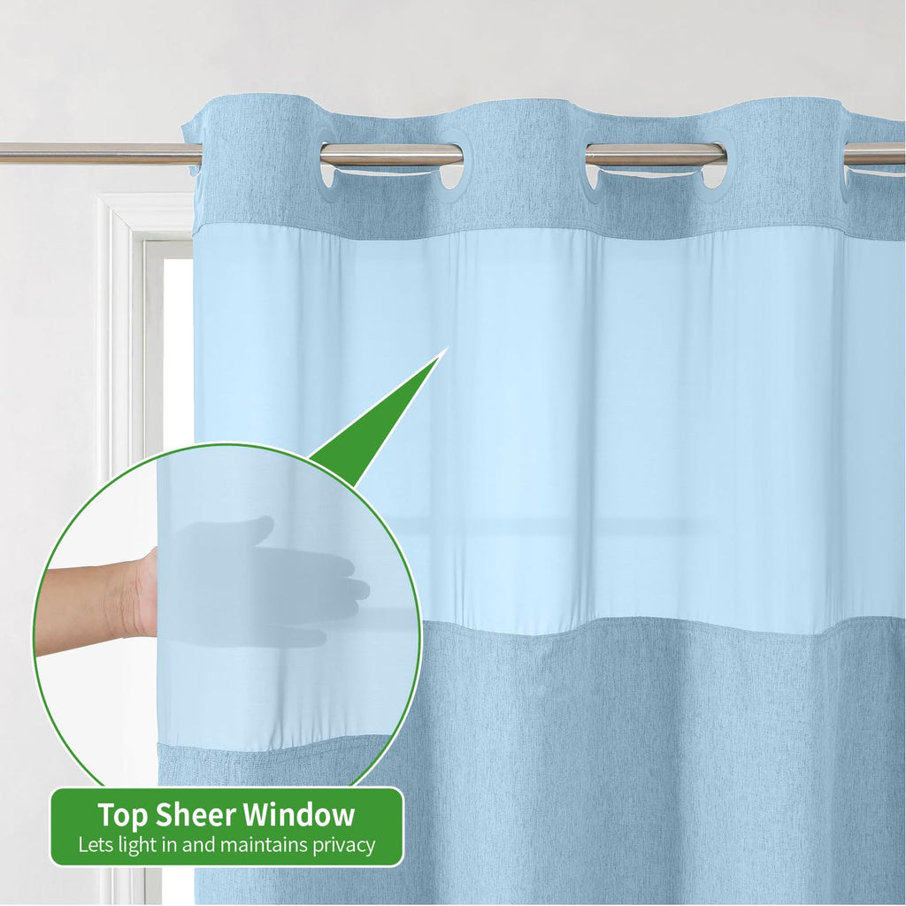 No Hooks Needed Linen Textured Shower Curtain with Snap-in Fabric Liner Set, Luxury Decor Shower Curtains for Bathroom with Mesh Top Window, Waterproof & Washable
