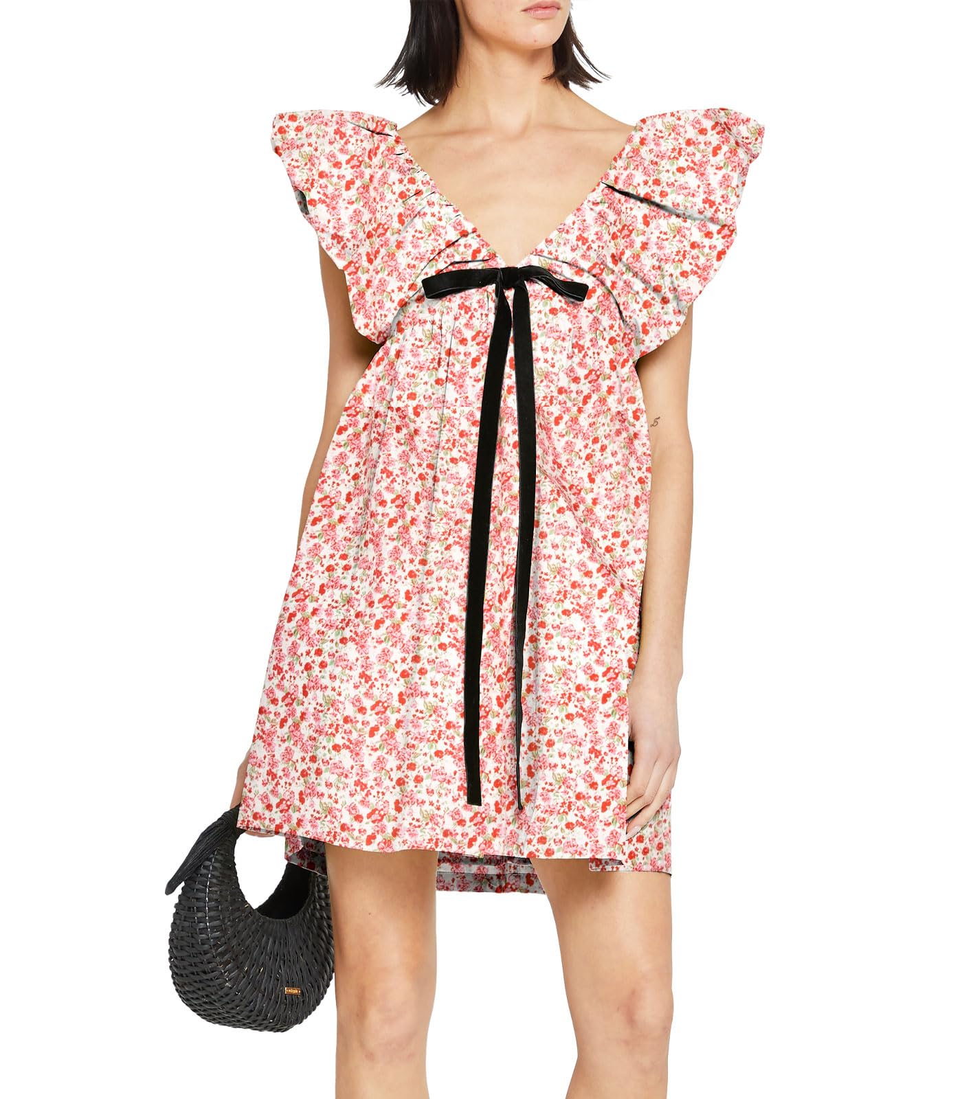 Women's Mini Dress V Neck Puff Sleeve Dress Short Babydoll Bow Dress