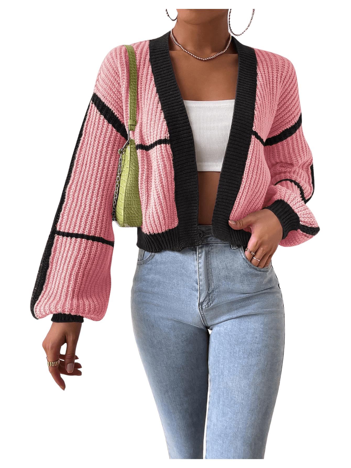 Women's Color Block Crop Cardigan Top Bishop Long Sleeve Open Front Sweater