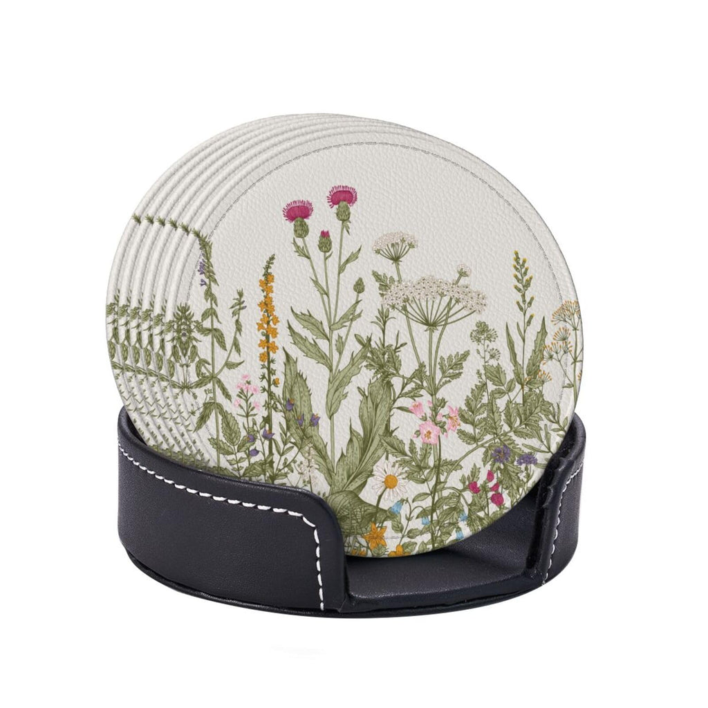 Coasters for Drinks Round Leather Coaster with Holder Set of 6 for Tabletop Protection