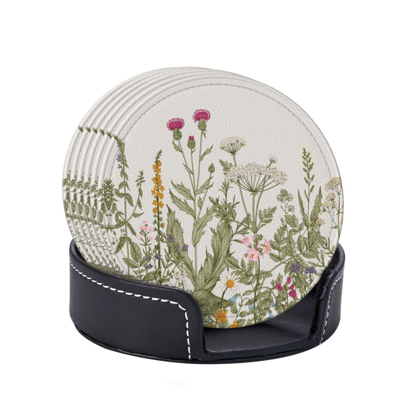 Coasters for Drinks Round Leather Coaster with Holder Set of 6 for Tabletop Protection