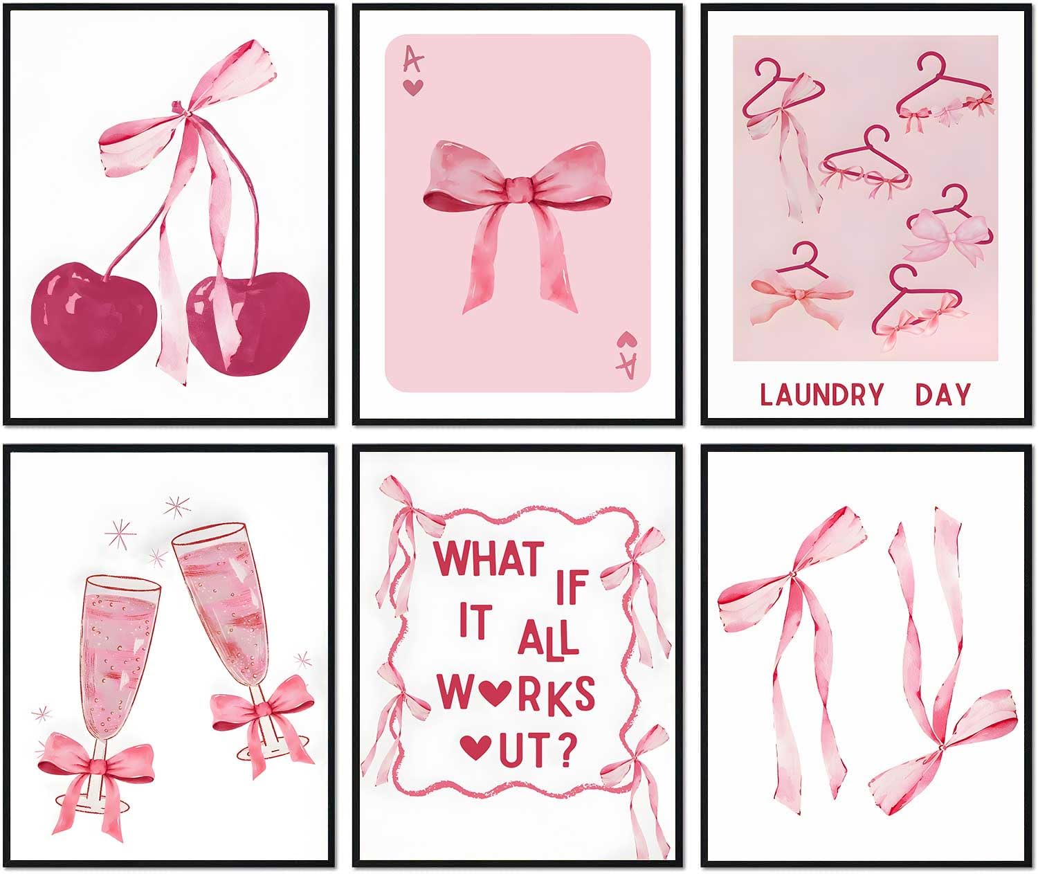 Trendy Pink Bows Wall Art Coquette Posters for Room Decor | Aesthetic Watercolor Light Pink Bow Canvas Prints 6Pcs