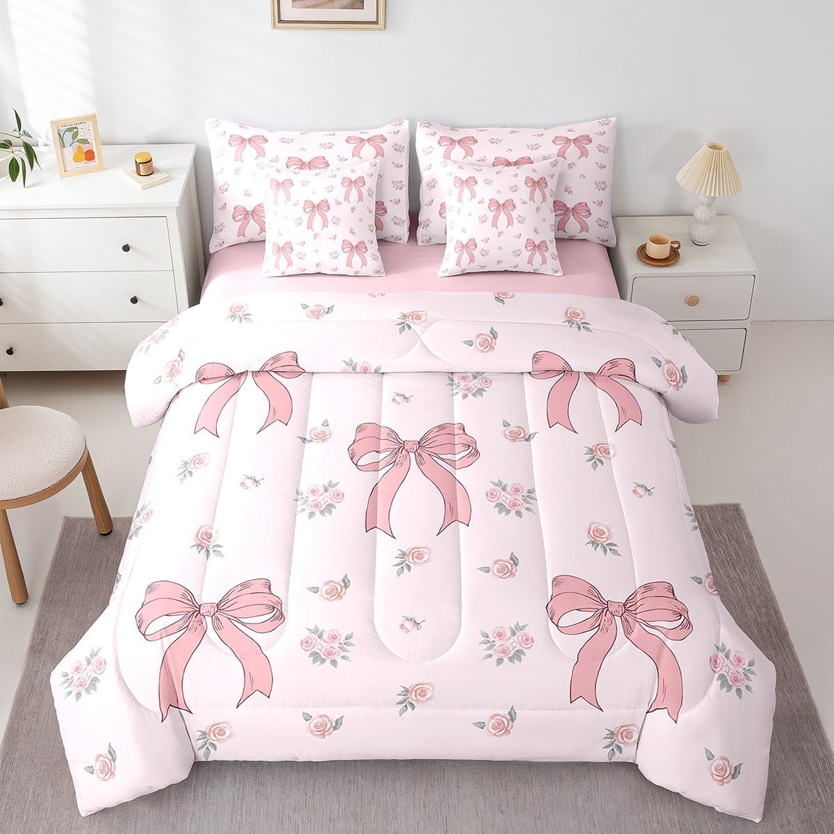 Princess Style Pink Bowknot Comforter Bedding Set, Bow Tie Pink White Dreamy Fairy Tale Bow (Comforter+Fitted+Flat Sheet+2 Pillowcases+2 Throw Pillow Covers) 7 Pieces Bed Set