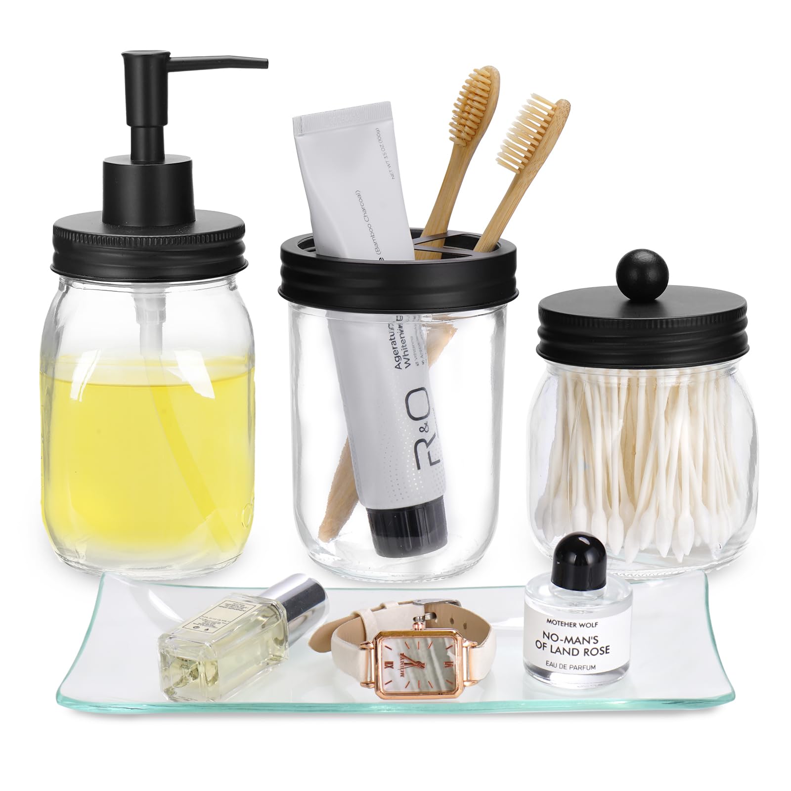 Glass Bathroom Accessories Set 4PCS Bathroom Accessories Set with Soap Dispenser Toothbrush Holder Qtip Holder & Vanity Tray
