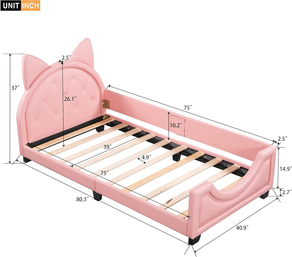 Pink Twin Size Wood Platform Bed Frame With House-Shaped Headboard For Girls Kids Toddler