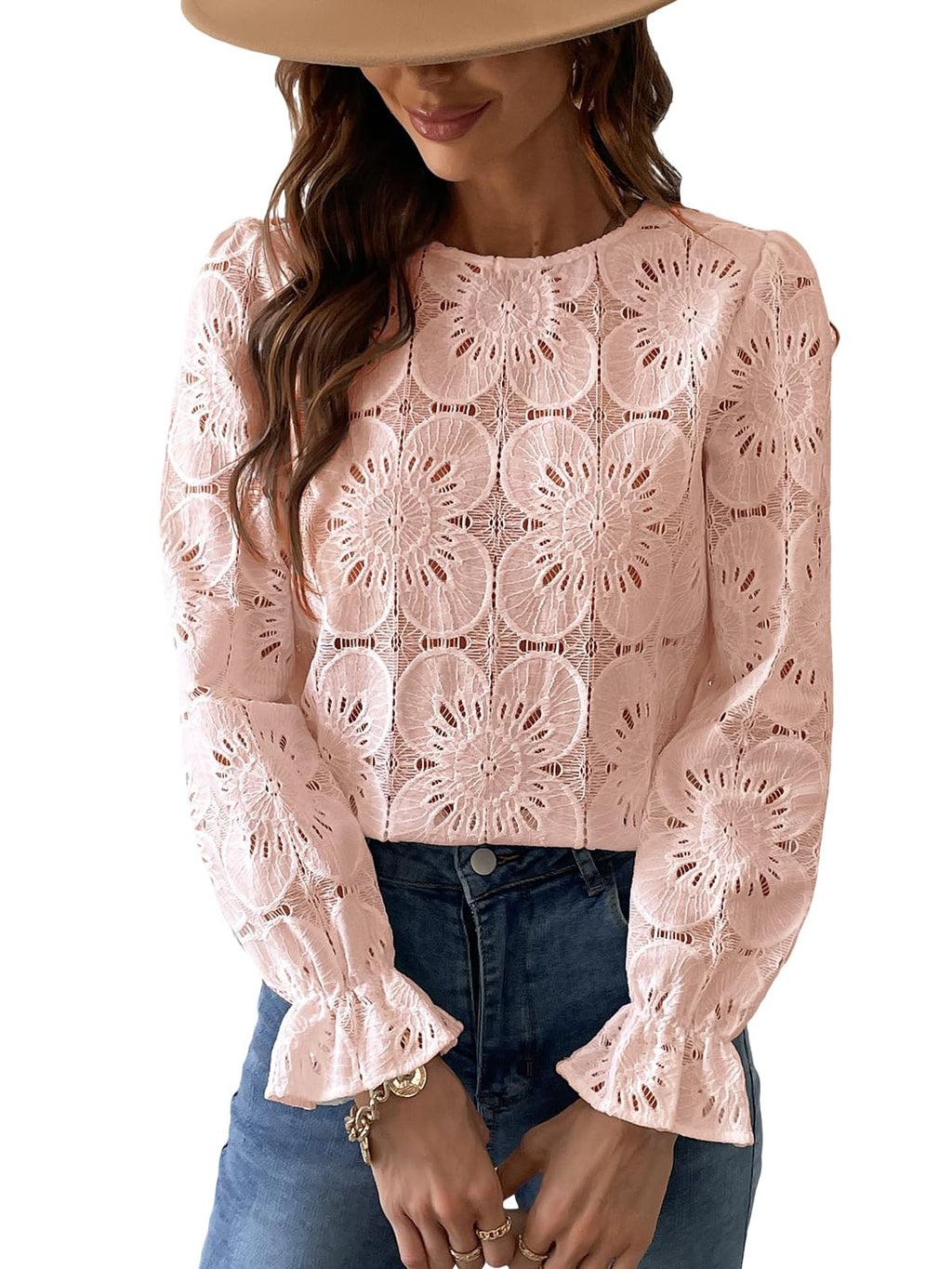 Women Eyelet Long Sleeve - Dressy Hollow Out Crochet Lace Embroidered Blouse