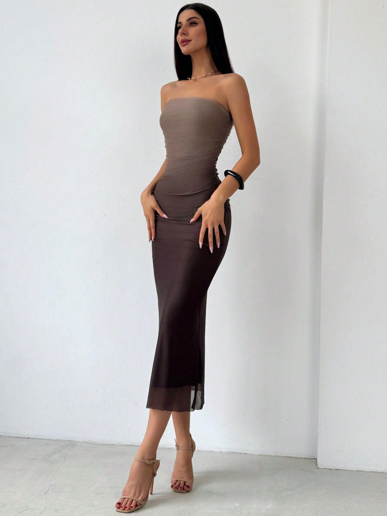 Women's Summer Gradient Strapless Tube Dress Bodycon Long Dress Side Slit Mesh Layered