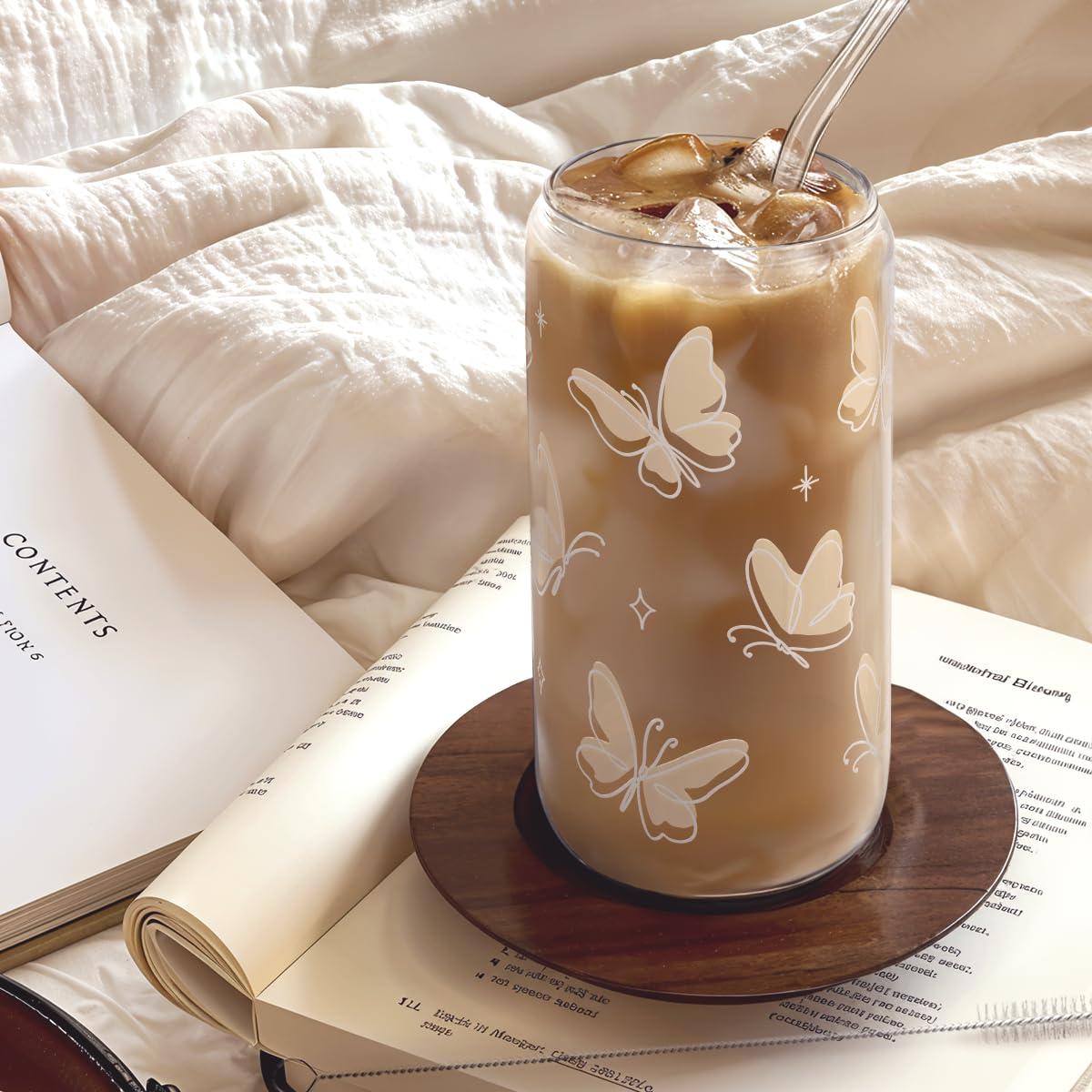 Glass Cup with Lid & Straw, Iced Coffee Aesthetic Glass Can, 16oz