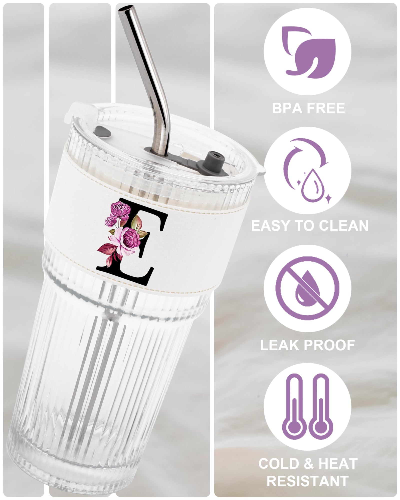 Initial Glass Cup with Lid Straw Ribbed Ice Tea Clear Tumbler Her Sister Coffee Matcha Latte Girlfriend Gf Aunt Best Friend Friendship Bestie Wife Cute Asthetic Unique Birthday Personalized Gift K