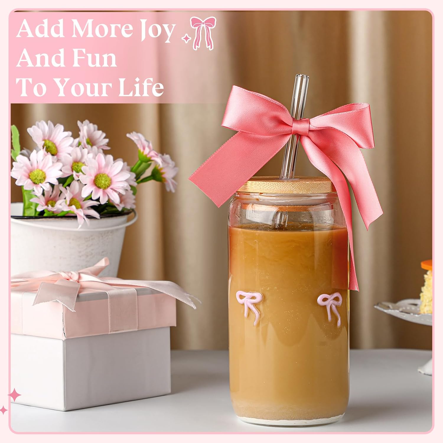 Coquette Bow Aesthetic Glass Cup with Clear Gift Bag Lids and Straws 16 oz Pink Bow Glass Cups Cute Tumbler