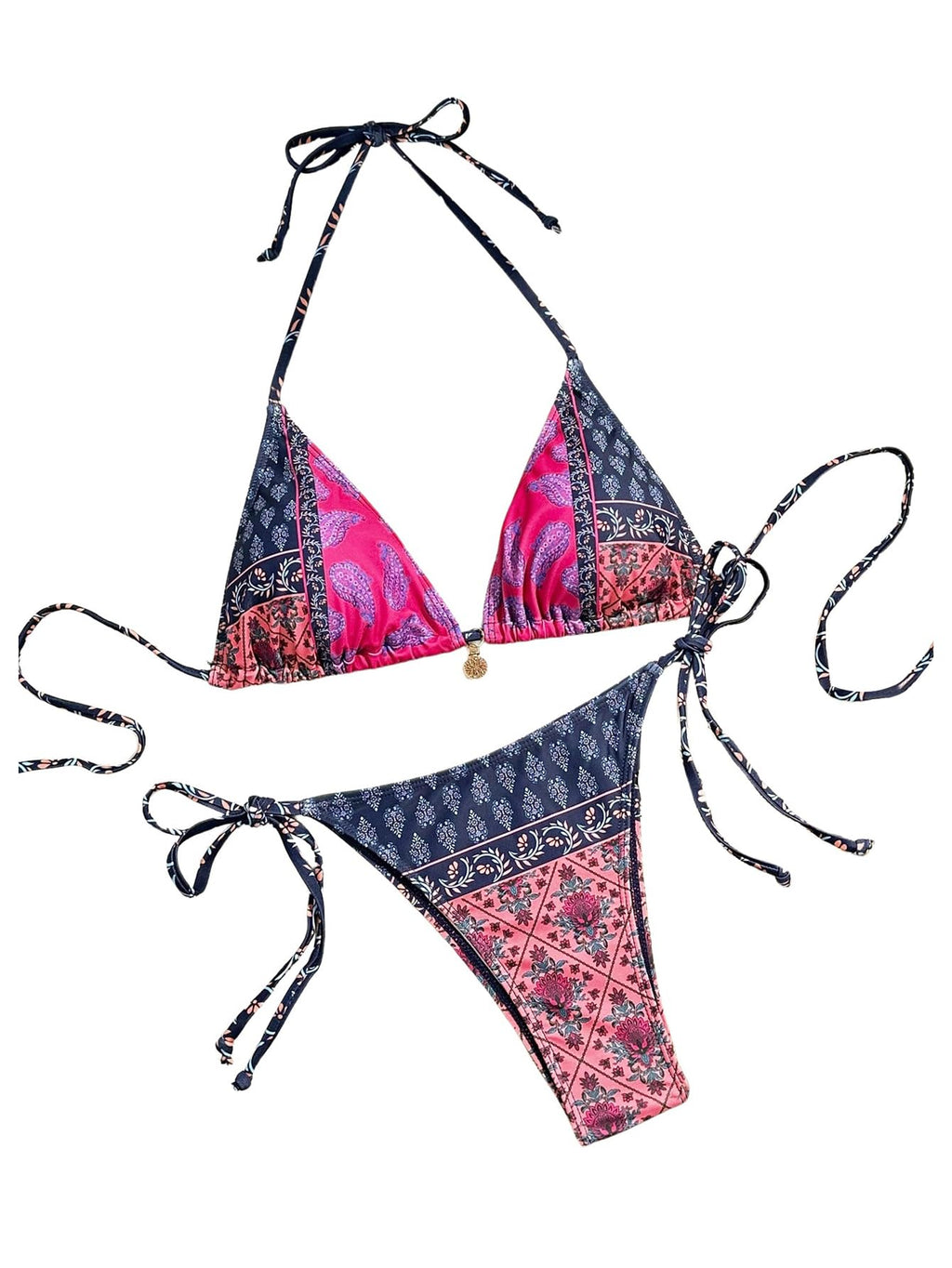 Women's 2 Piece Paisley Print Swimsuit Boho Halter Backless High Cut String Bikini Set