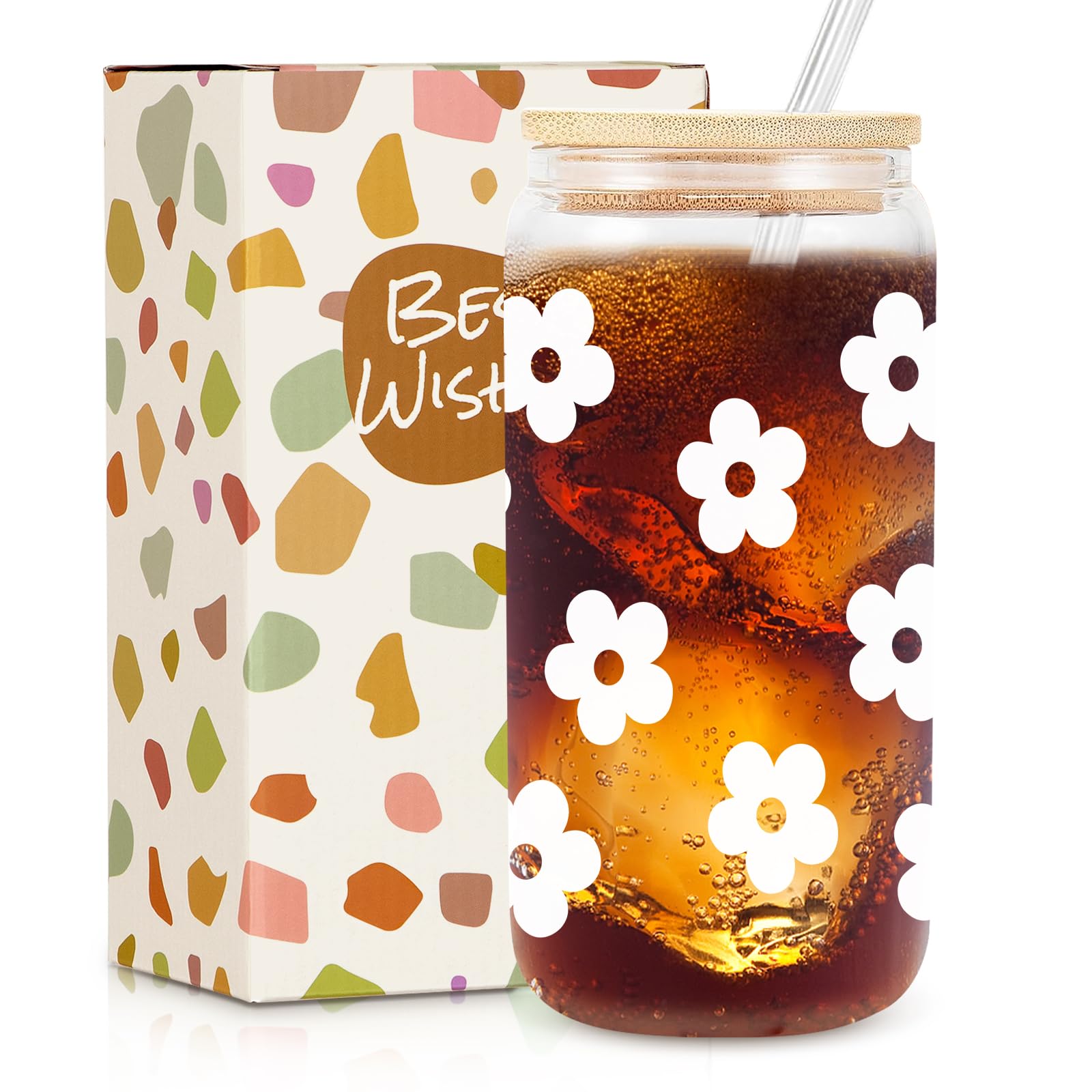 Daisy Glass Cup with Lid & Straw, Cute, 16oz