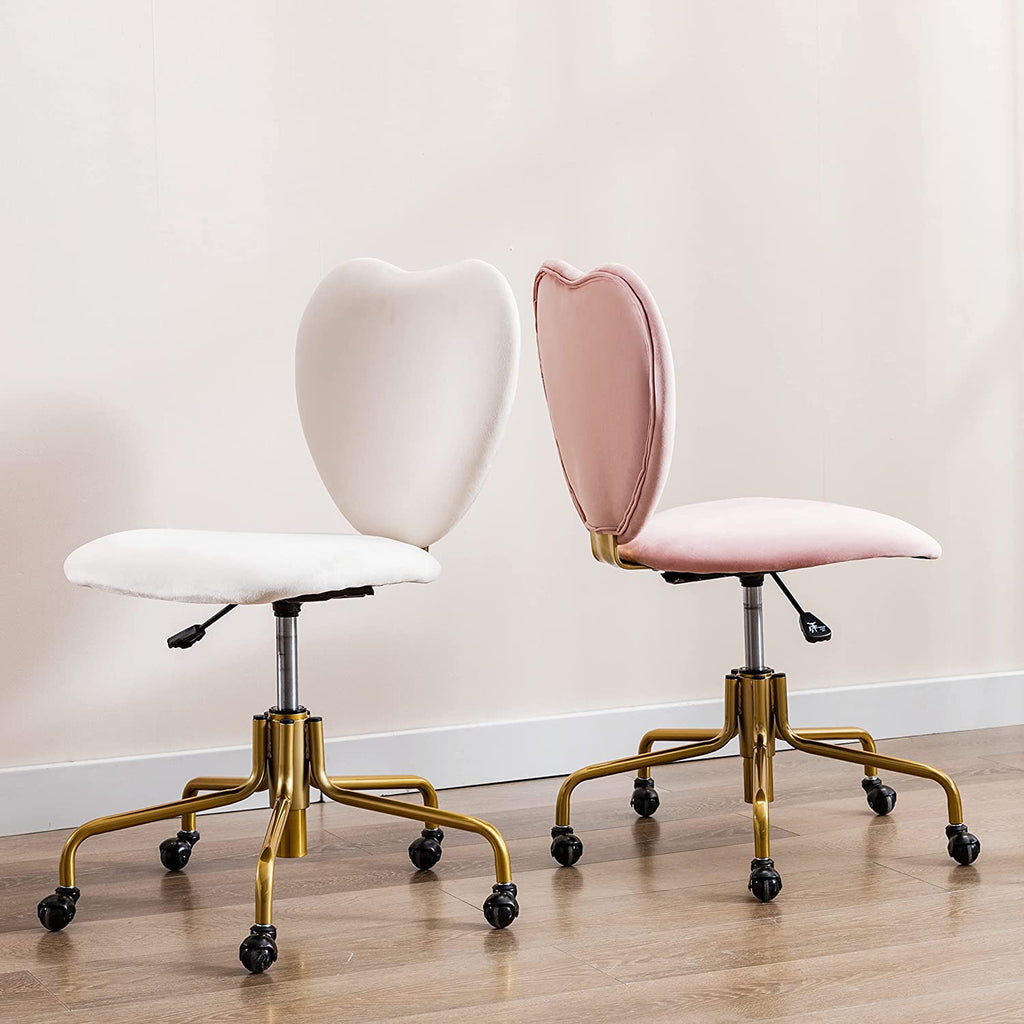 Coquette Adjustable Swivel Desk Chair with Wheels, Pink Upholstered Velvet Office Vanity Task Chair with Heart Back