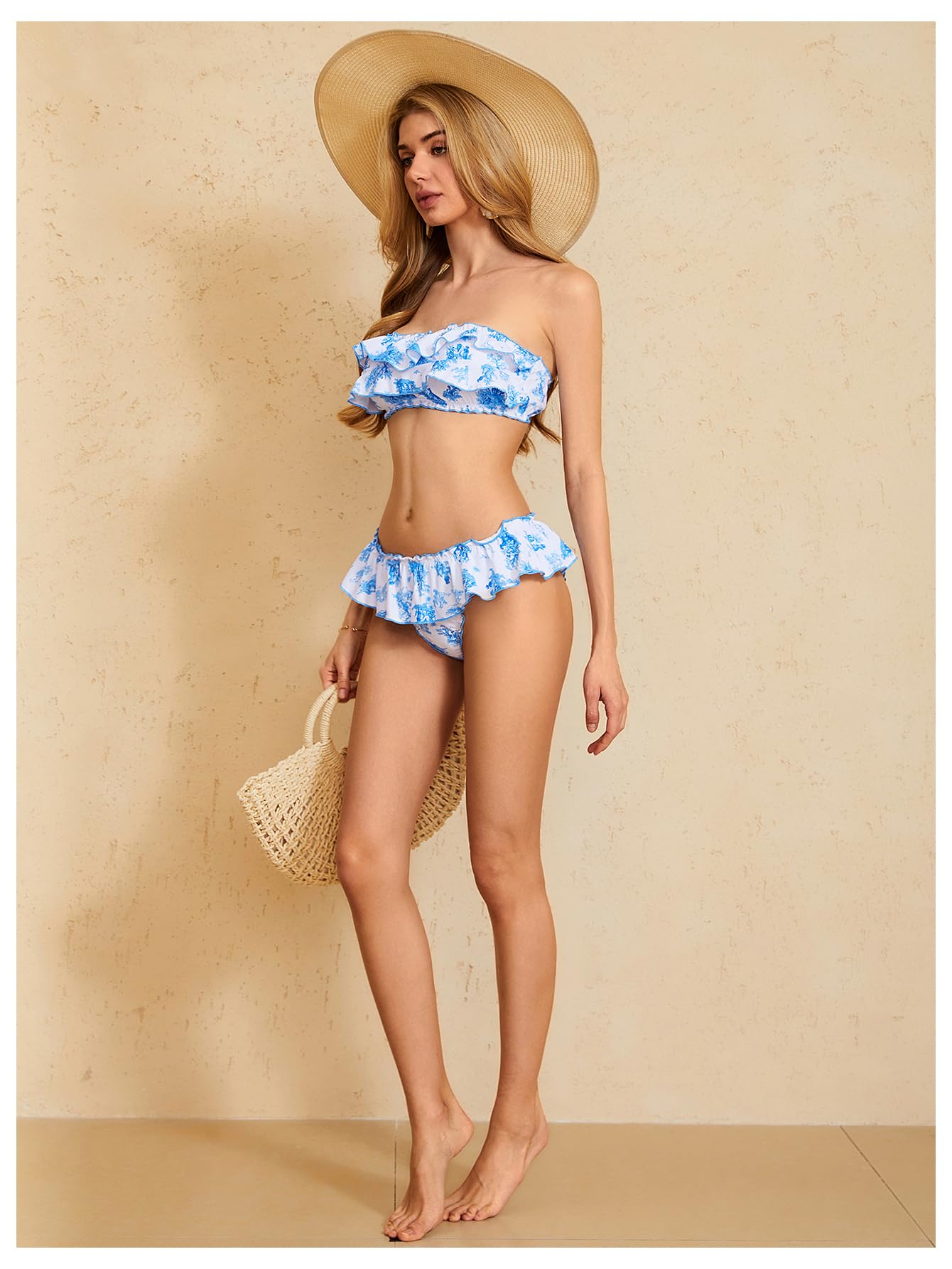 Women's Floral Bikini Bandeau Swimsuit Ruffle Tiered Strapless Bathing Suit