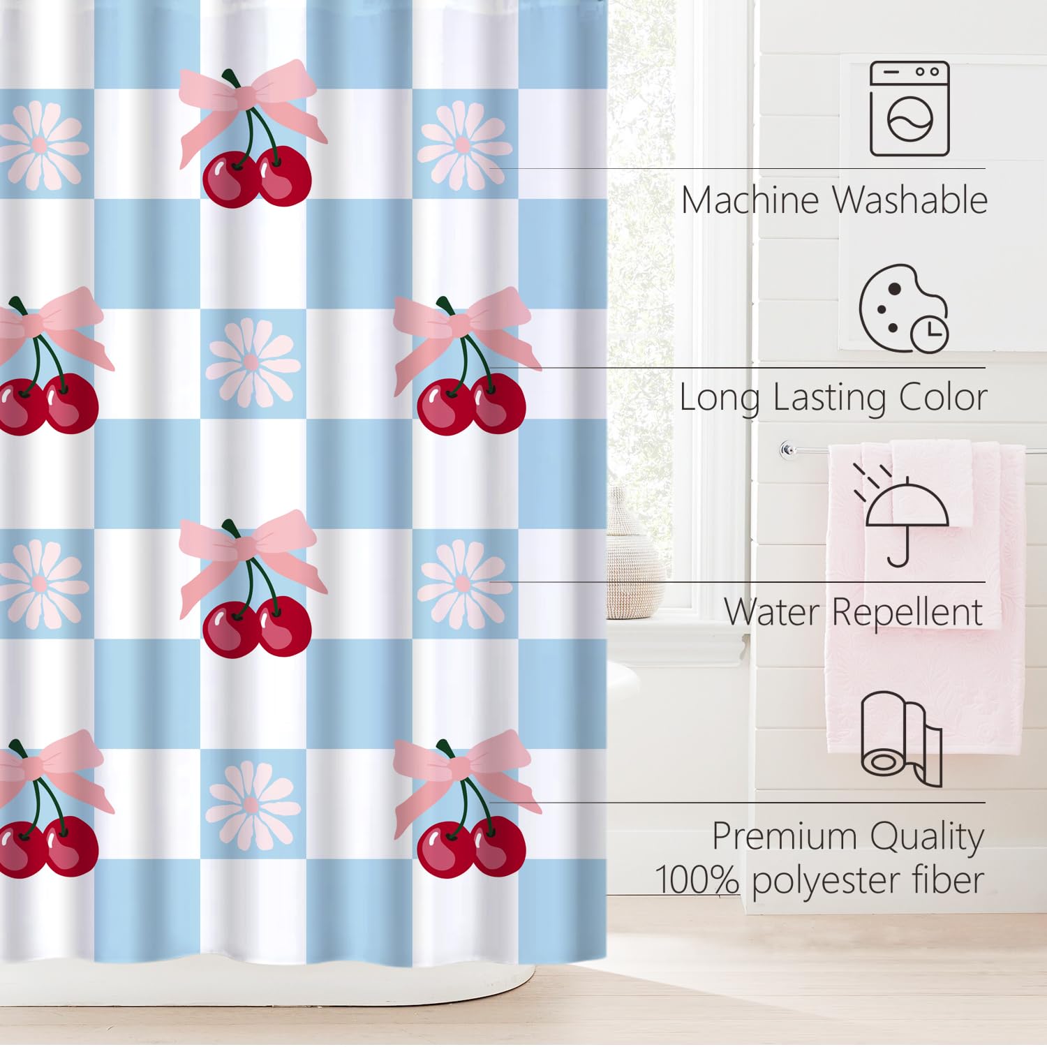 Cute Shower Curtain for Bathroom Modern Aesthetic Funky Decorative, Pretty Chic Cloth Set with Hooks, 72x72 Inch