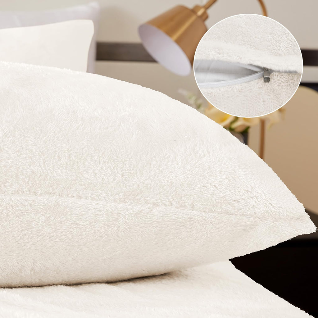 Faux Fur Pillow Cases Set of 2, Luxury Ultra Soft Fuzzy Pillowcases, Fluffy Plush Velvet Pillow Covers with Zipper, Cozy Warmth and No Shedding
