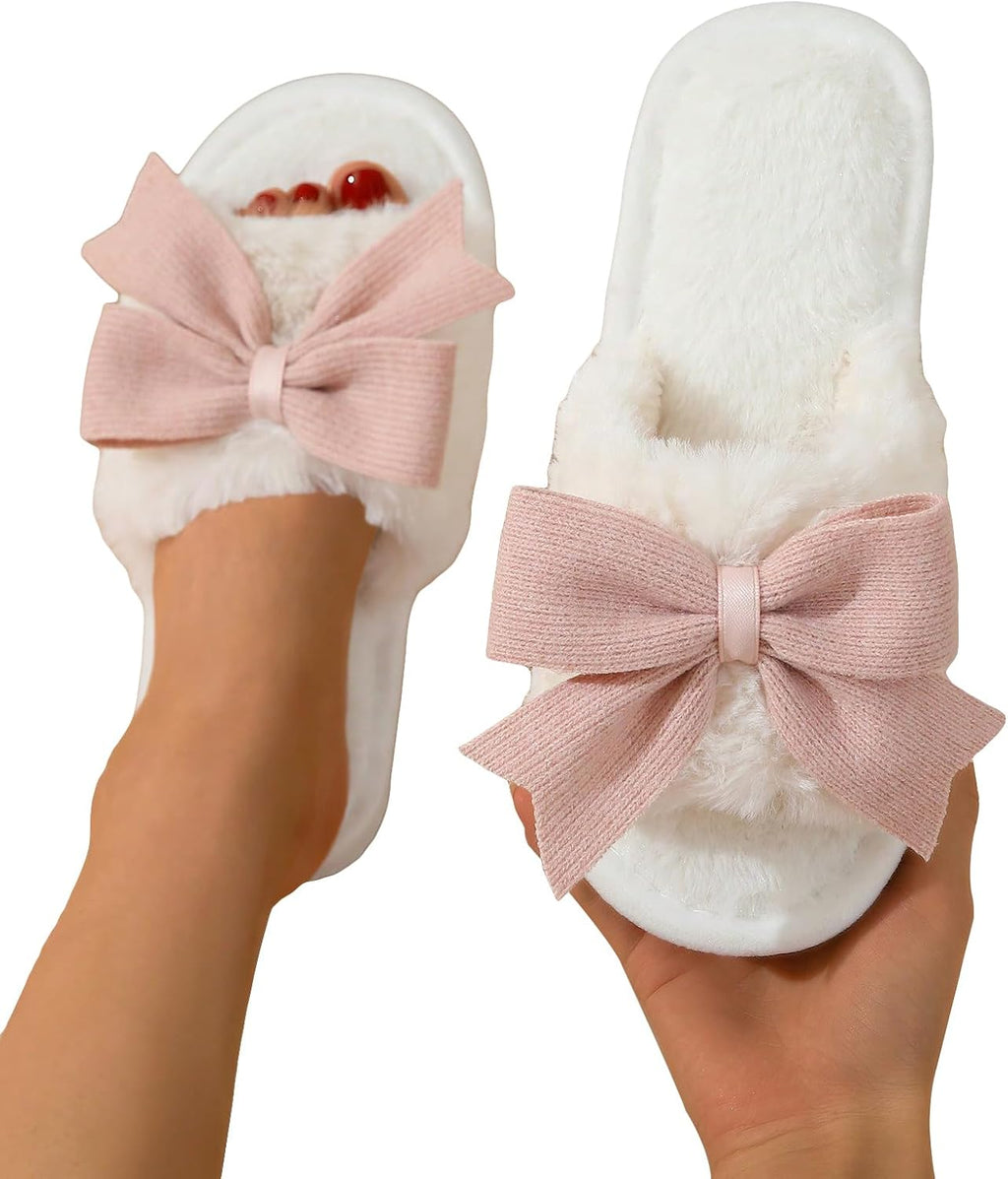 Women's Cute Bow Decor Fuzzy Open Toe Indoor Home Slippers Fashionable Warm Comfy Furry Outdoor Slippers