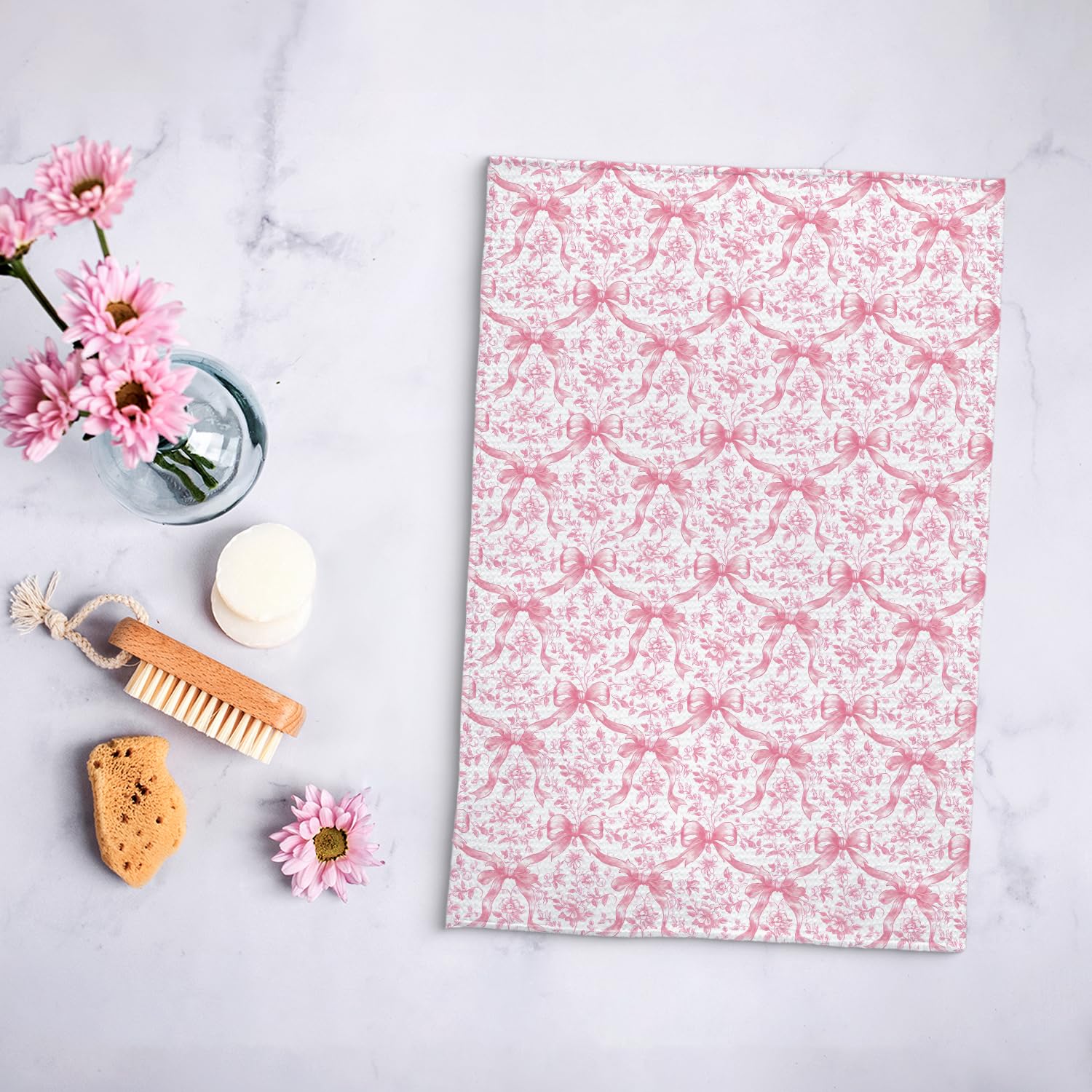 Coquette Bow Floral Kitchen Towel, Grandmillennial Pink Rose Flower Gingham Hand Towel for Bathroom, Pink and White Checkered Dish Tea Towel, 16x24 Inch