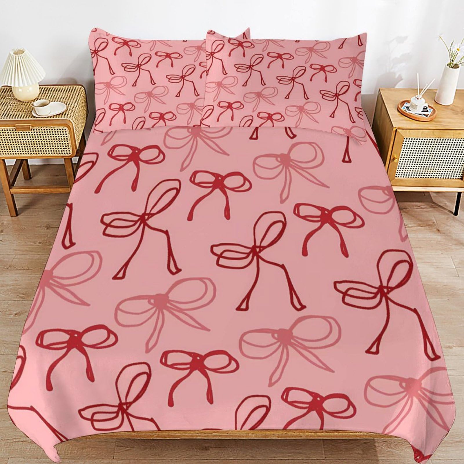 Pink Red Bow Comforter Set Duvet Cover Quilt Cover Set Ultra Soft Bed Cover (1 Duvet Cover+2 Pillowcases)