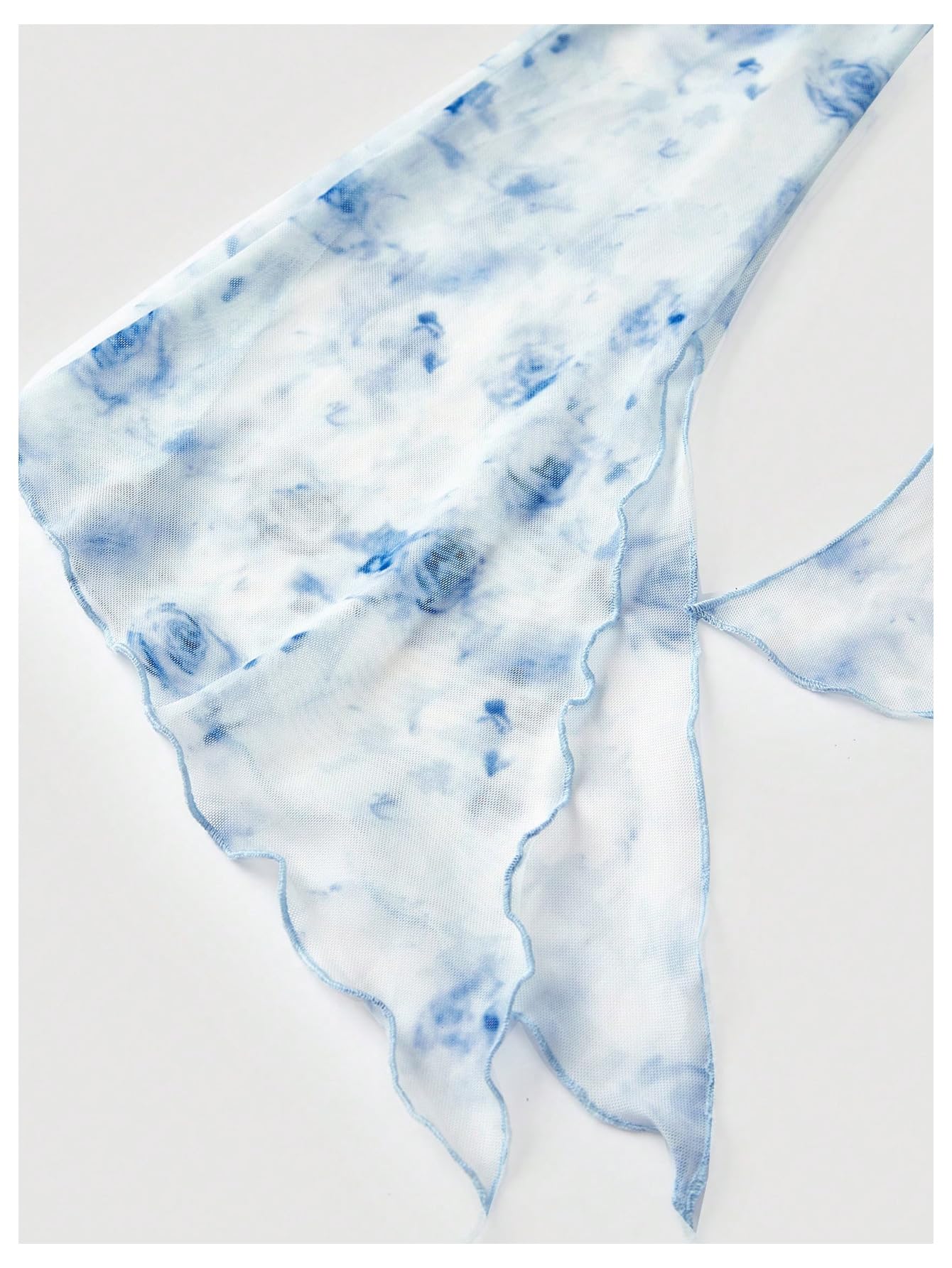 Verdusa Women's Floral Print Mesh Bell Sleeve Tie-Front Top with Lettuce Trim