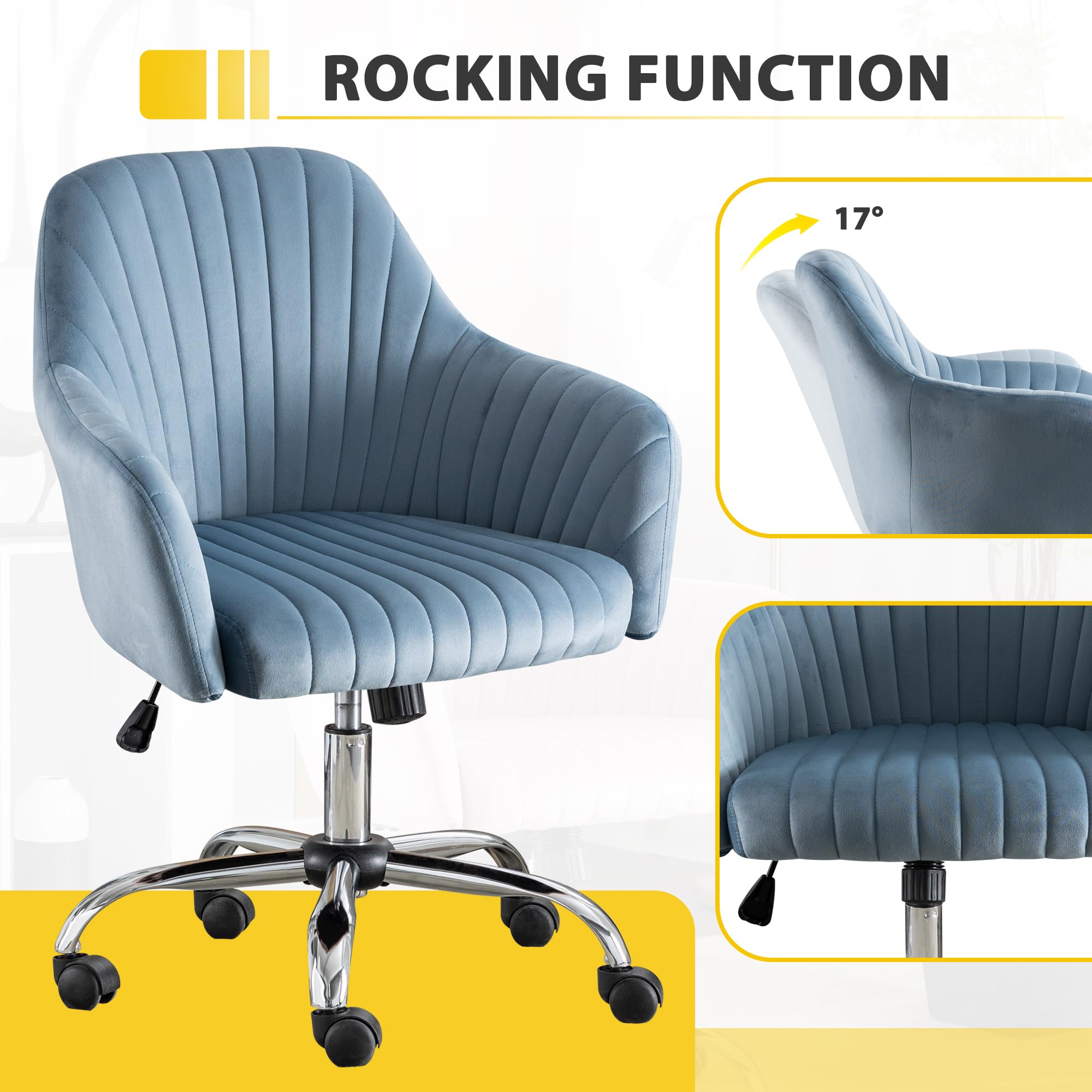 Modern Vanity Velvet Adjustable Low Back Rolling Chair, Twill Upholstered Cute Chair with Wheels