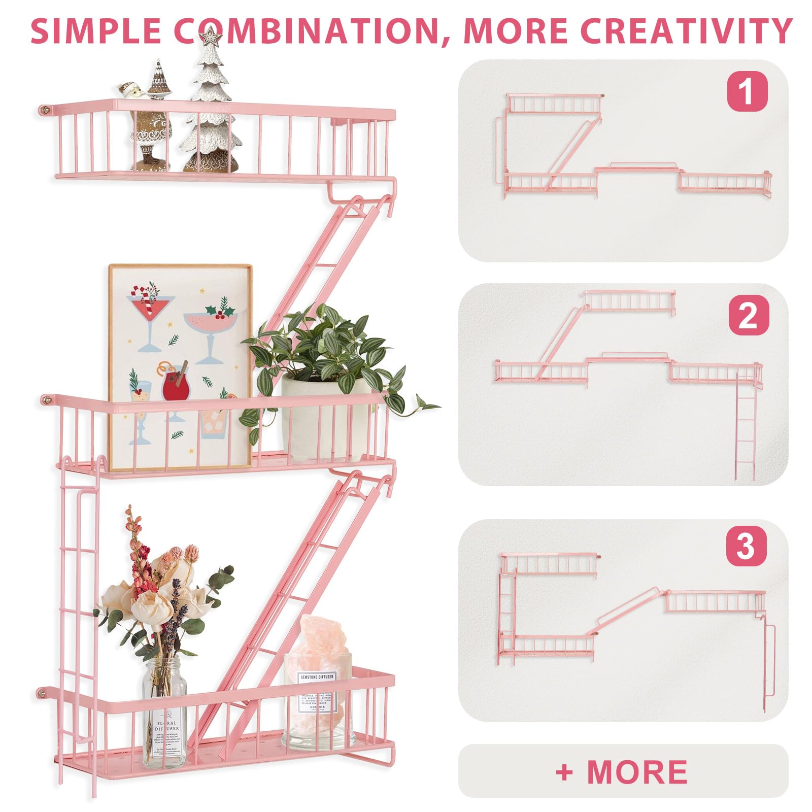 Fire Escape Shelf - Wall Decor Floating Shelves, Cute Metal Ladder Shelving for Bedroom, Home Decor Display (3-Tier)