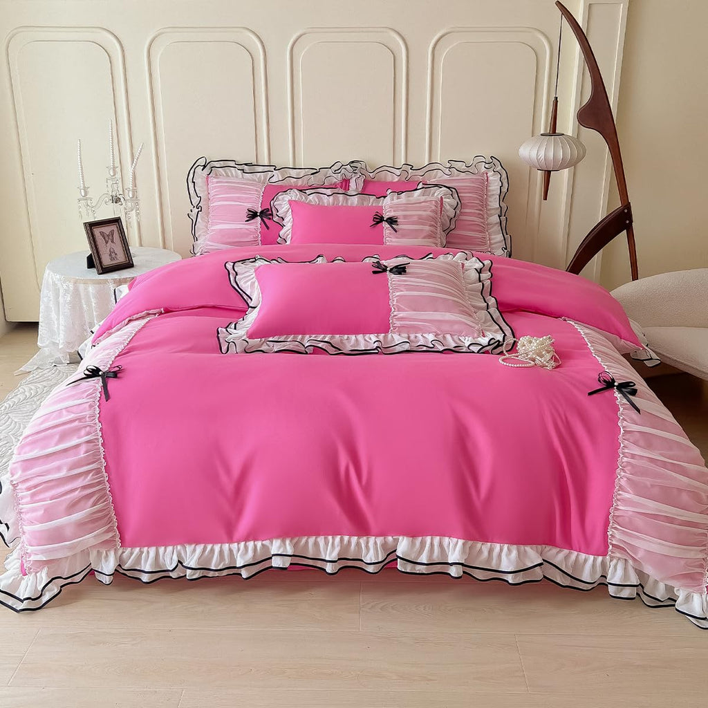 Duvet Cover Ruffle Beddding Set with Bowtie - 3 Pieces Comforter Cover Set with Zipper Closure & Pillowcase - Comforter Not Included