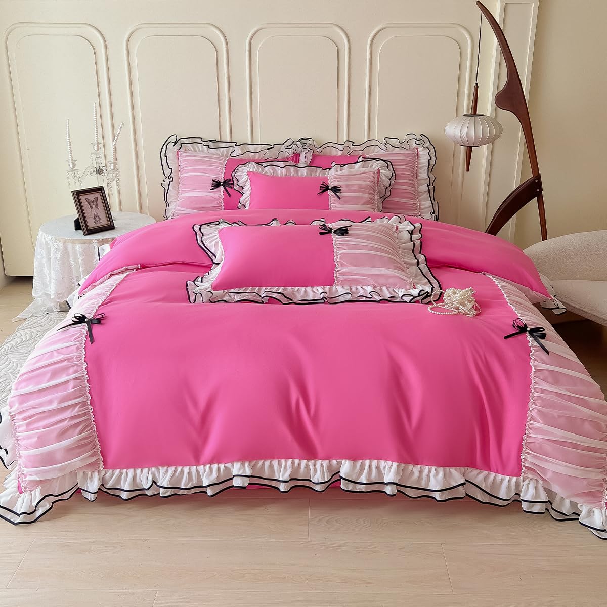 Duvet Cover Ruffle Beddding Set with Bowtie - 3 Pieces Comforter Cover Set with Zipper Closure & Pillowcase - Comforter Not Included