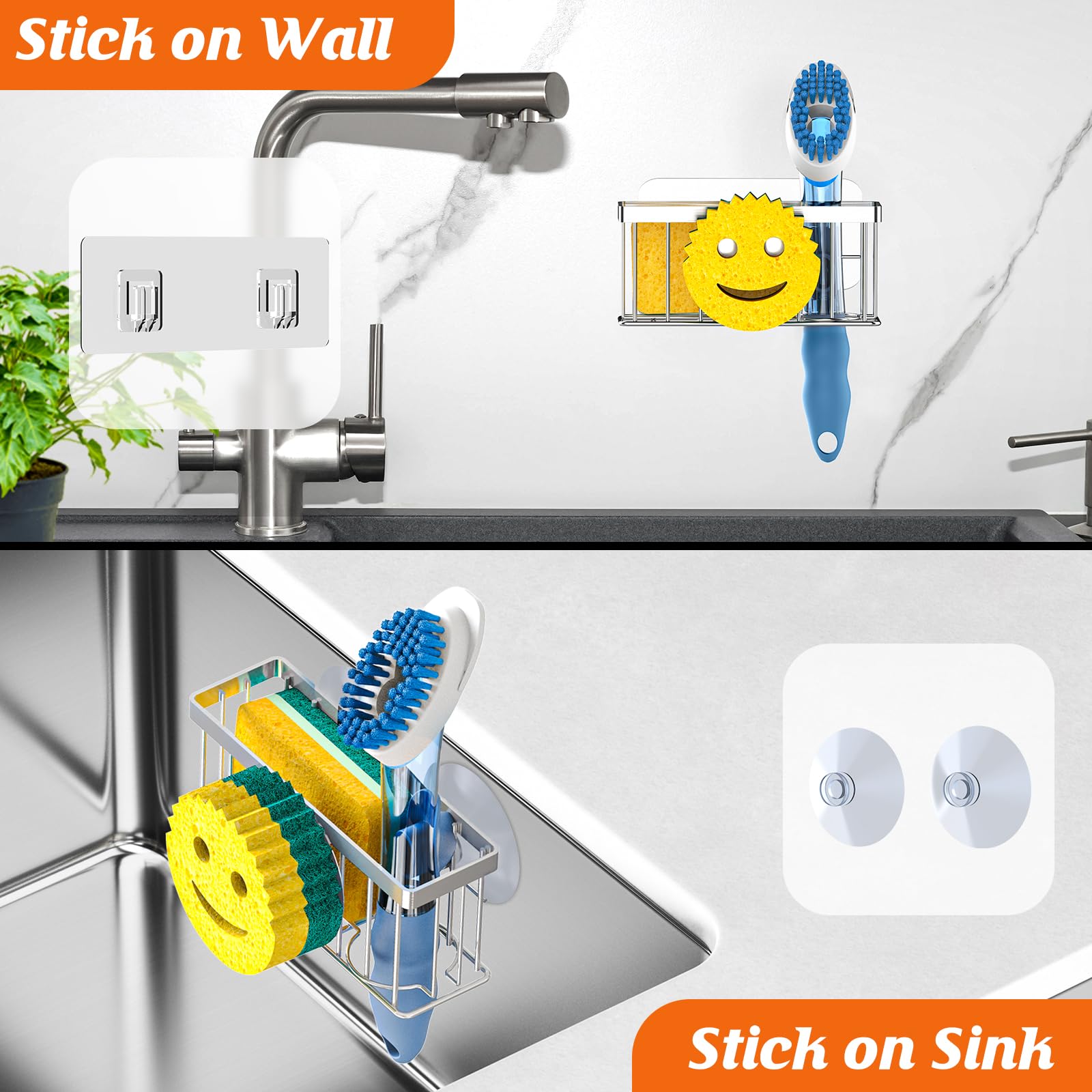 Sponge Holder Smiley Face, Sink Caddy for Kitchen Organizer Sponge Holder with 2 PCS Suction Cups/1 PCS Adhesive Strips