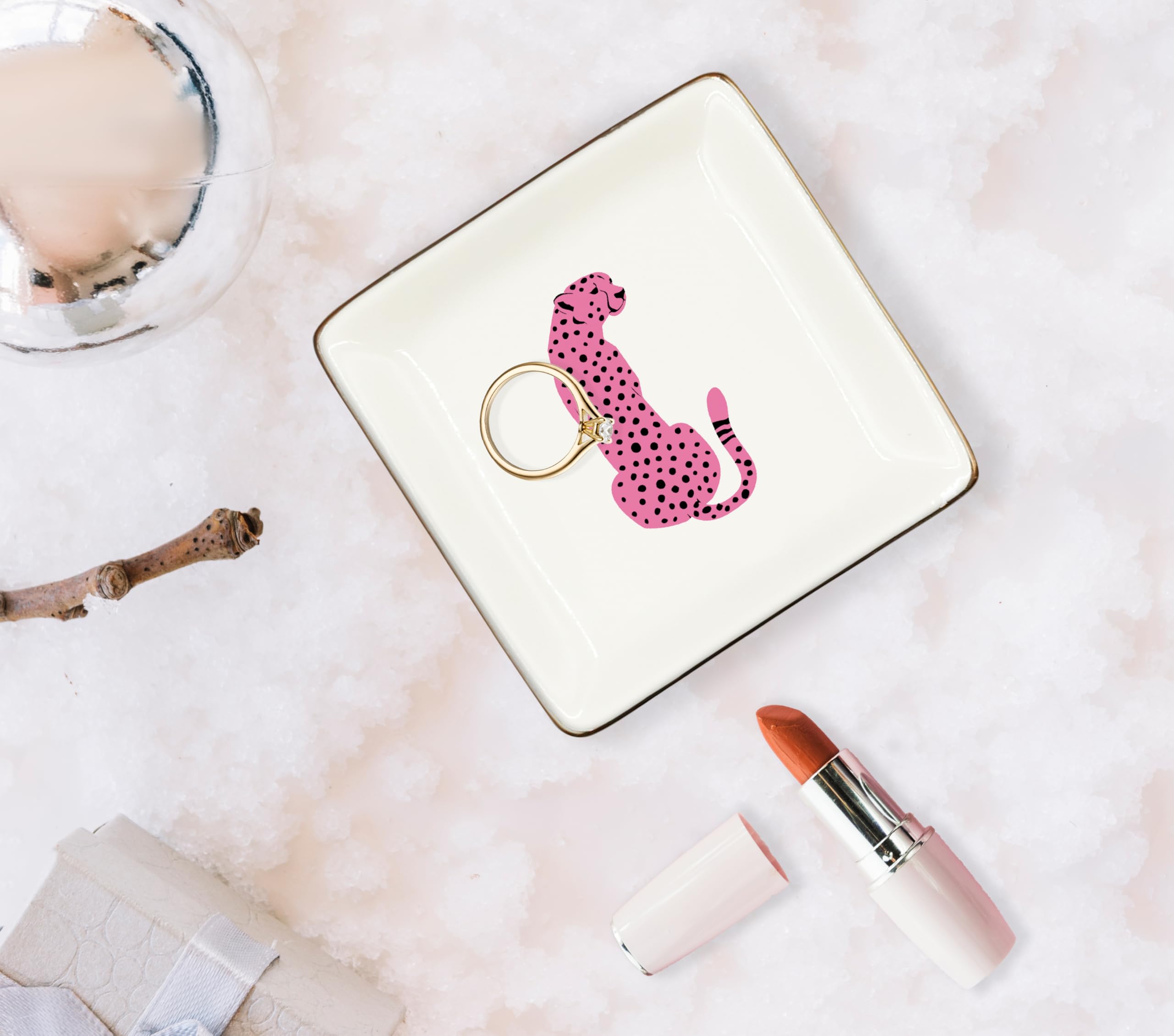 Ceramic Jewelry Tray Dish, Pink Print Jewelry Plate Trinket Dish