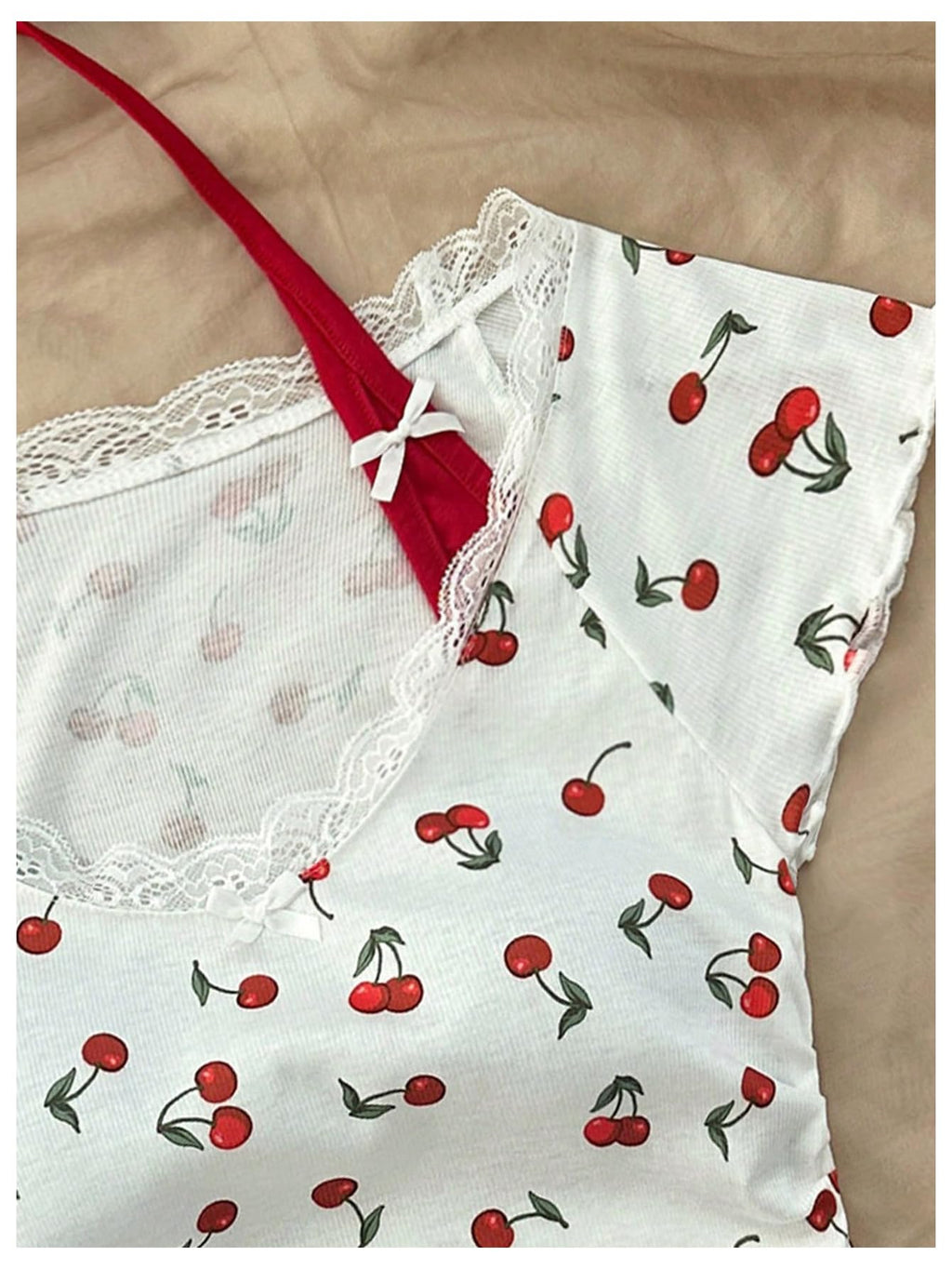Women's Cherry Print Lace Trim Tee Shirt Halter Neck Short Sleeve Crop Tops