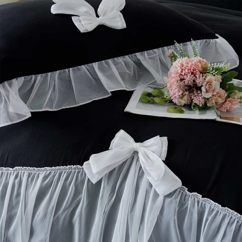 Girls Lace Bedding,Queen Comforter Cover Set, Chic Ruffled Duvet Cover with Lovely Bow,Princess Style 1 Duvet Cover with 2 Pillowcases, No Comforter-Hot Pink,Full Size