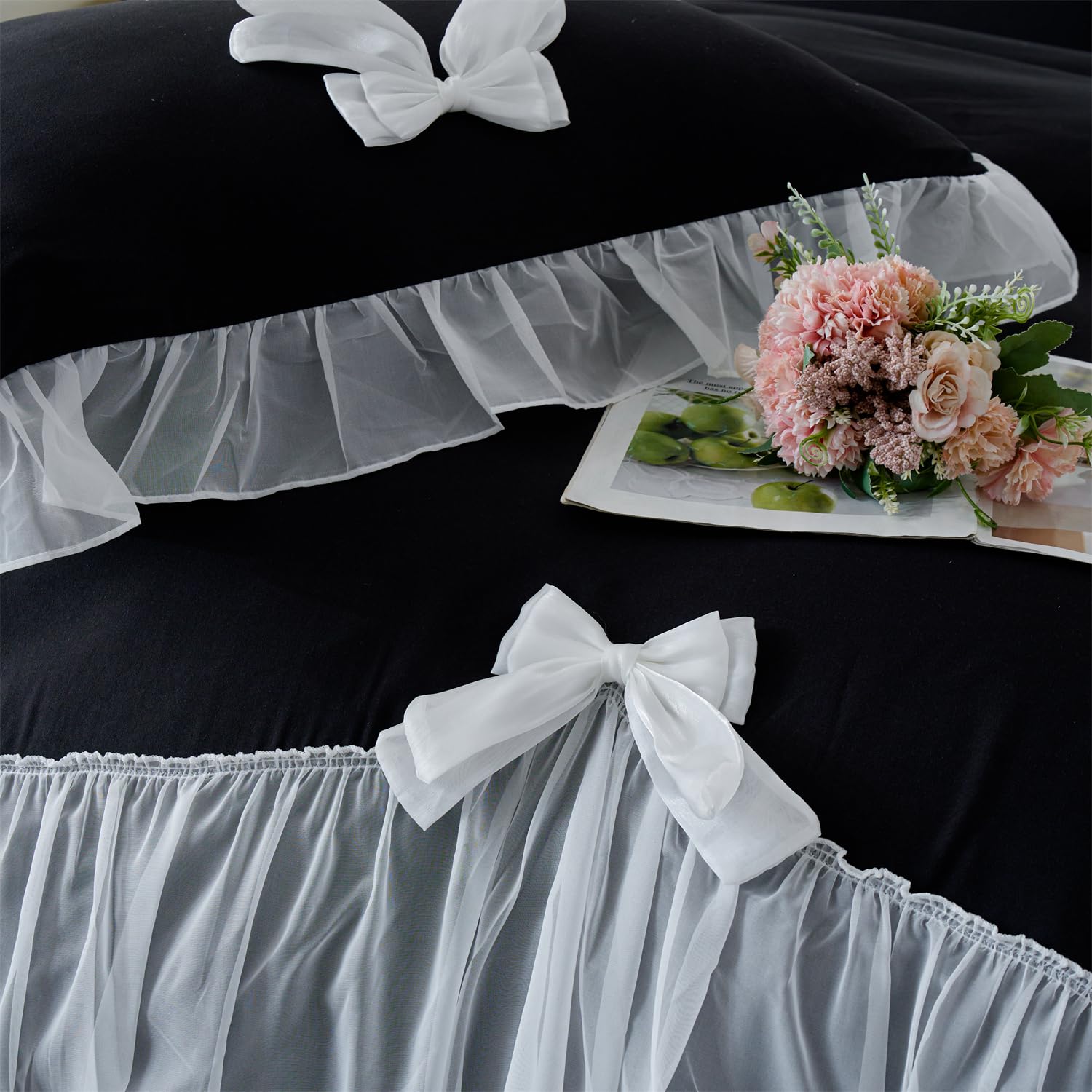 Girls Lace Bedding,Queen Comforter Cover Set, Chic Ruffled Duvet Cover with Lovely Bow,Princess Style 1 Duvet Cover with 2 Pillowcases, No Comforter-Hot Pink,Full Size