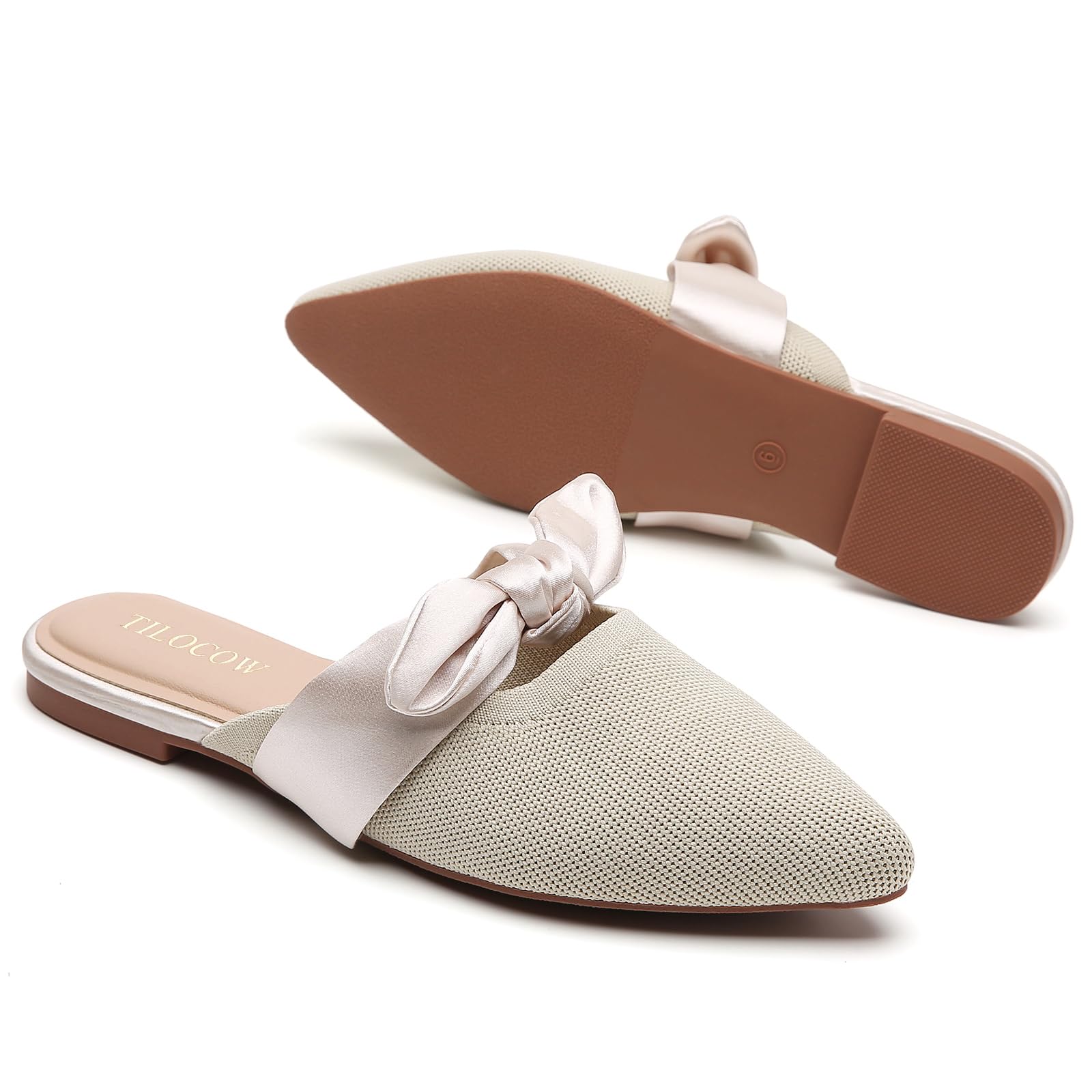 Knotbow Mules for Woman Pointed Toe Flats Bow Mules Slip On Slides Flats Shoes Women Dressy Comfortable