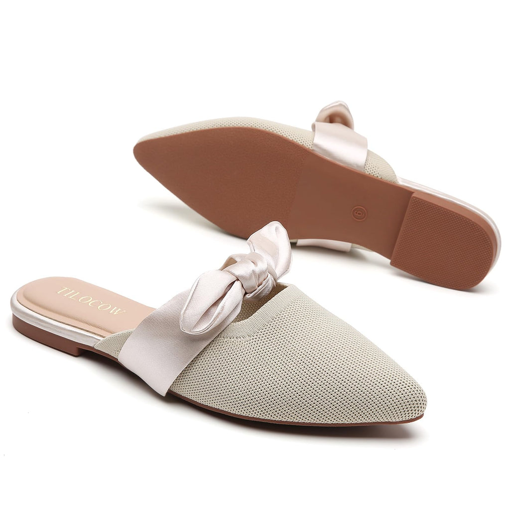 Knotbow Mules for Woman Pointed Toe Flats Bow Mules Slip On Slides Flats Shoes Women Dressy Comfortable