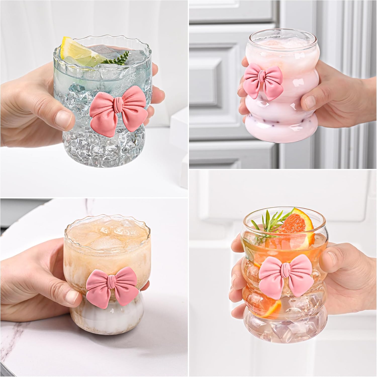 Coquette Cute Bow Glass Cups 10oz Pink Bow Glasses Cup Vintage Ribbed Drinking Glasses 2pcs
