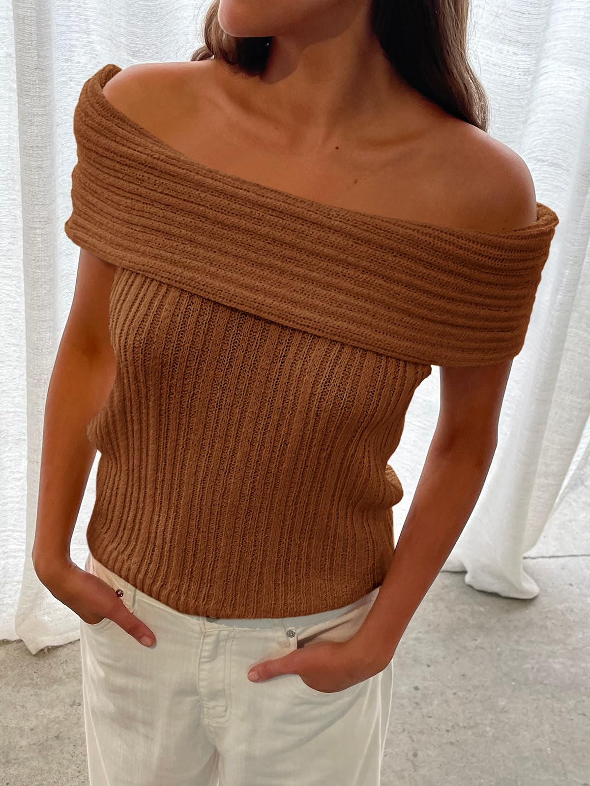 Womens Off The Shoulder Sweater Tops Summer Sleeveless Strapless Ribbed Sexy Pullover Shirts