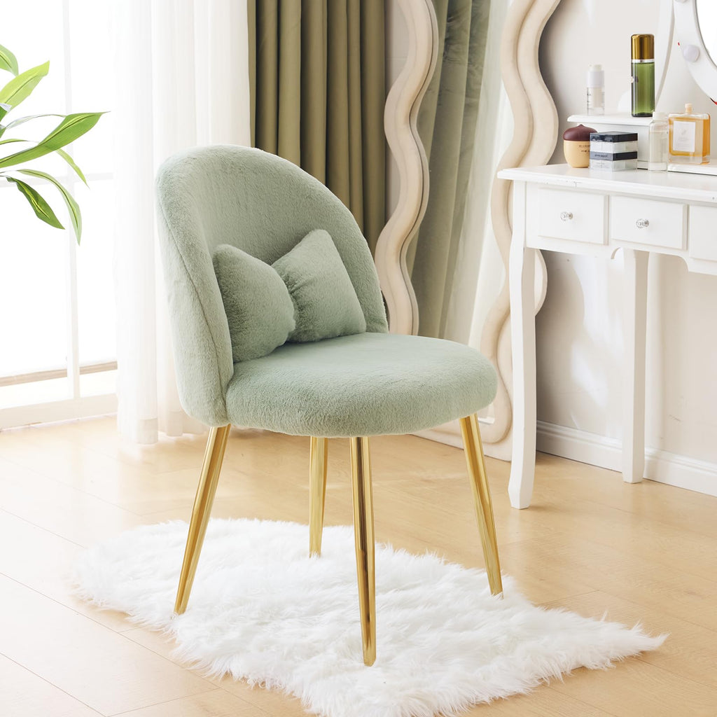 Cute, non-wheeled desk chair with backrest, fluffy cushion, cozy makeup chair with adjustable golden legs