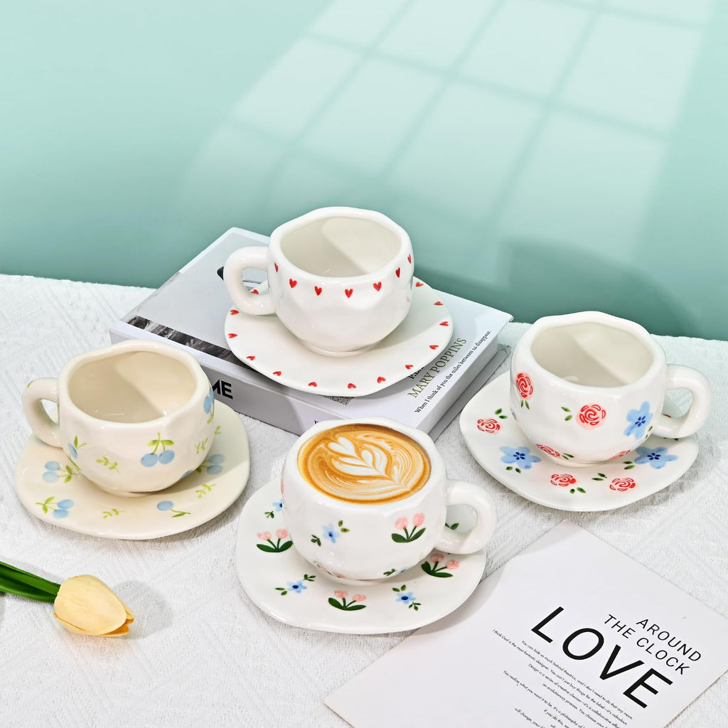 Ceramic Coffee Mug with Saucer Set, Cute Creative Cup Unique Irregular Design, 10 oz/300 ml
